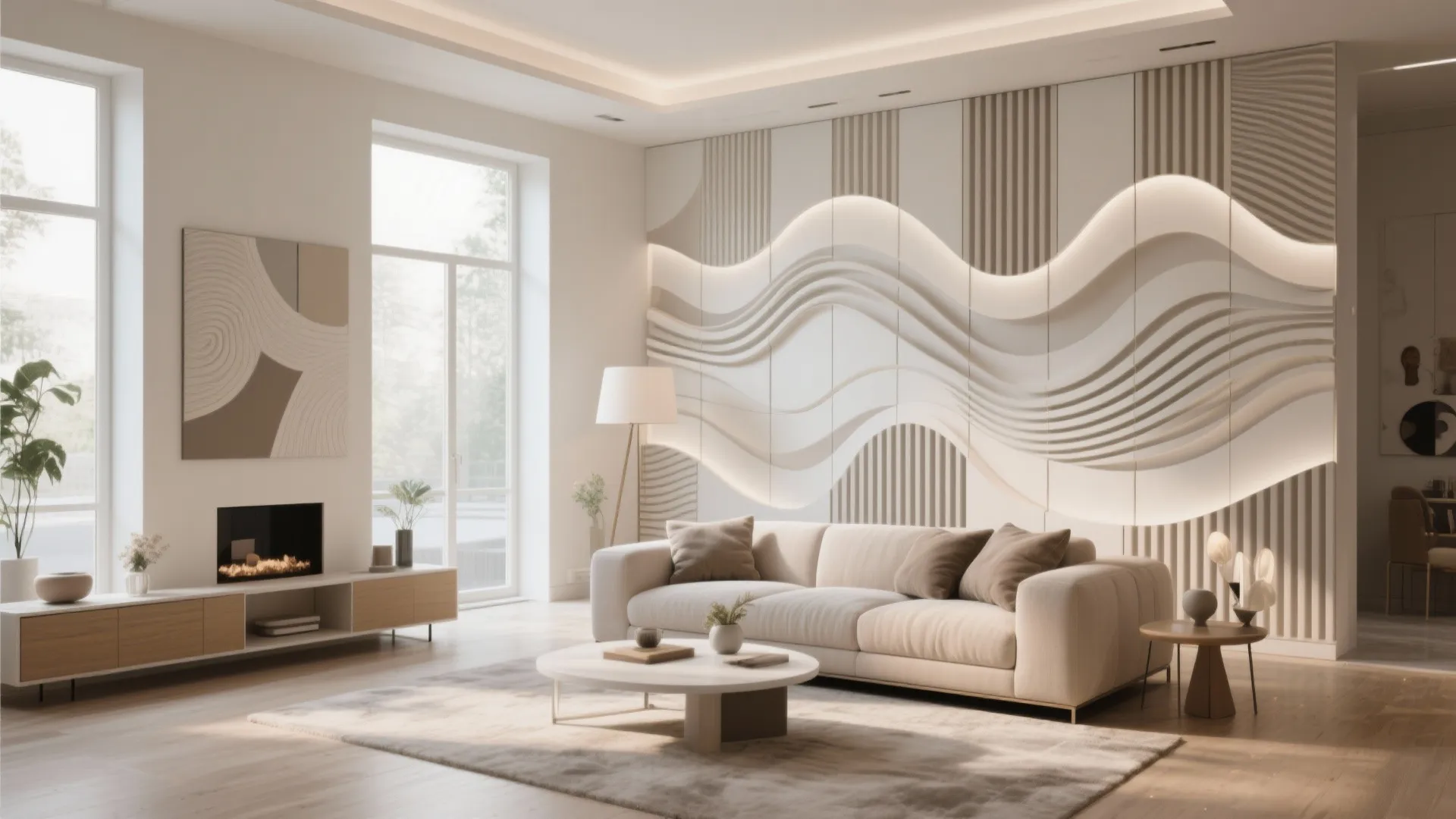 Modern bright living room with wavy 3D wall panel white sofa coffee table and fireplace