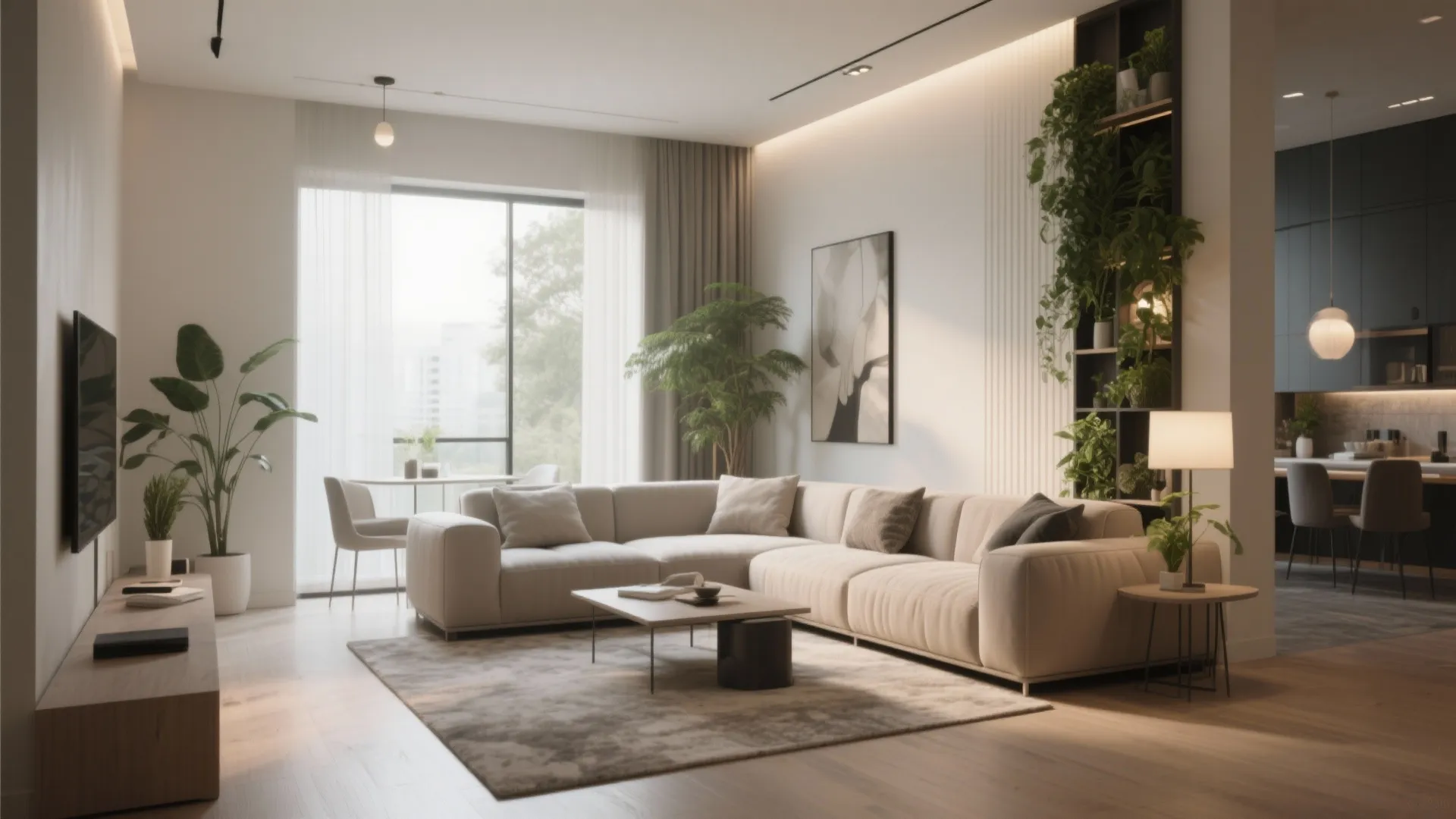 Modern living room with cream sofa, grey rug, wooden coffee table, indoor plants and window
