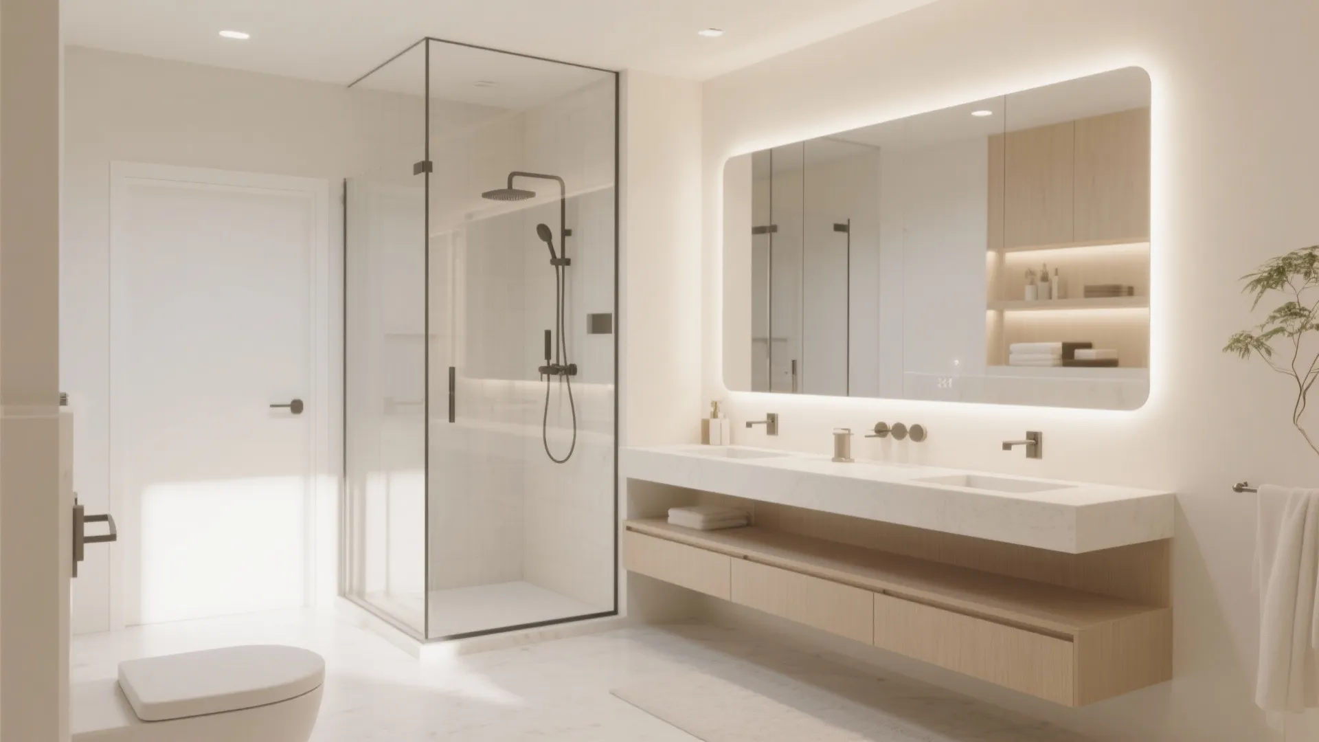 Modern cream bathroom with double sink cabinet large glowing wall mirror and glass shower area
