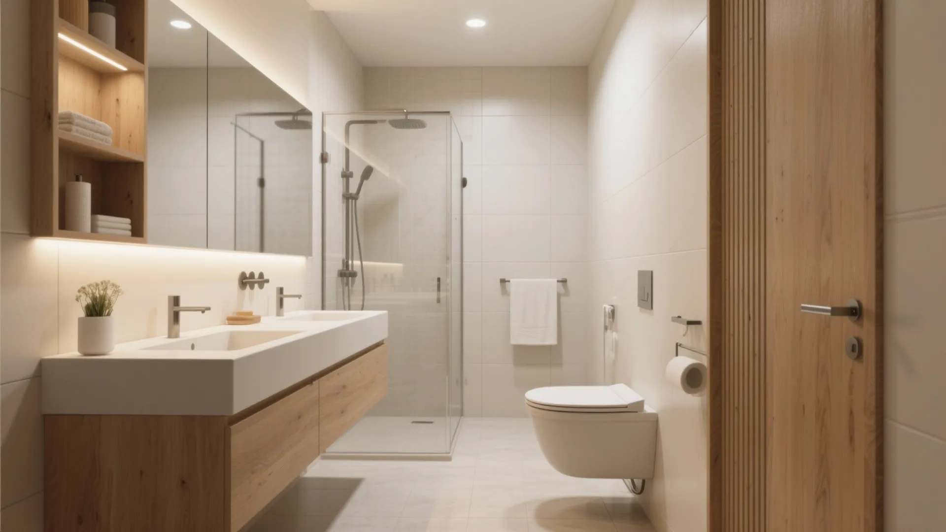 Modern bathroom with double sink wood cabinet wall toilet glass shower and warm soft ceiling light
