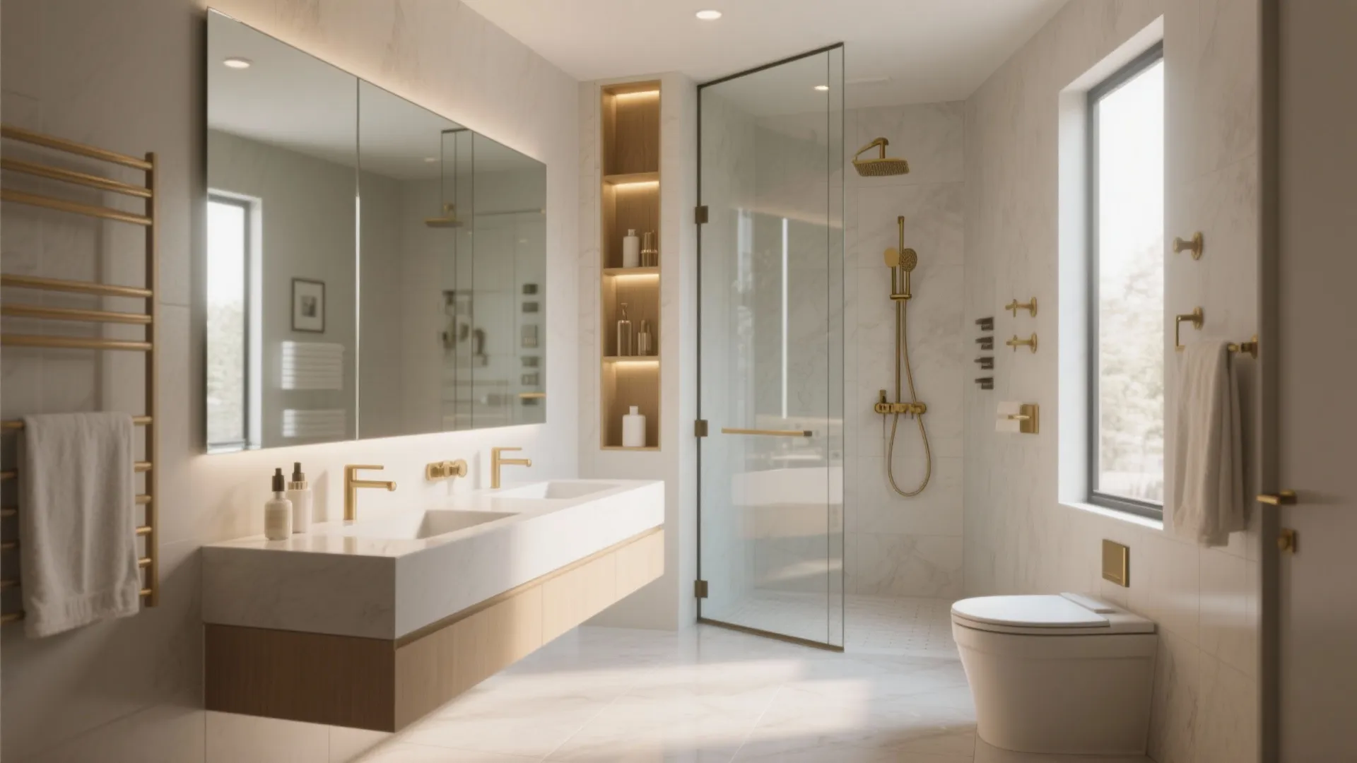 Modern bright bathroom with double sinks large mirror glass shower door white toilet and gold fixtures