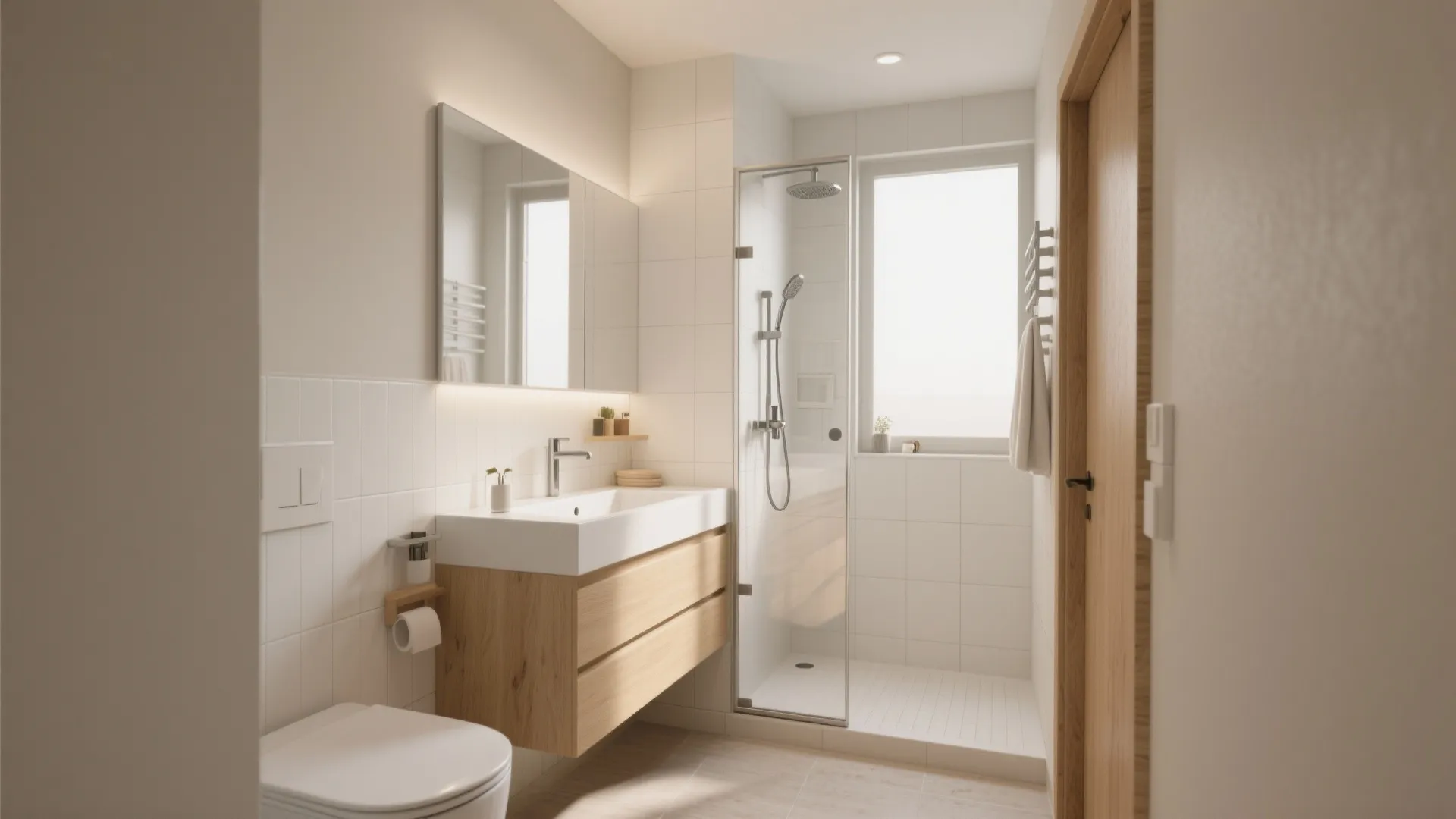 Small modern bathroom featuring a walk in shower wooden vanity white toilet and neutral tiles
