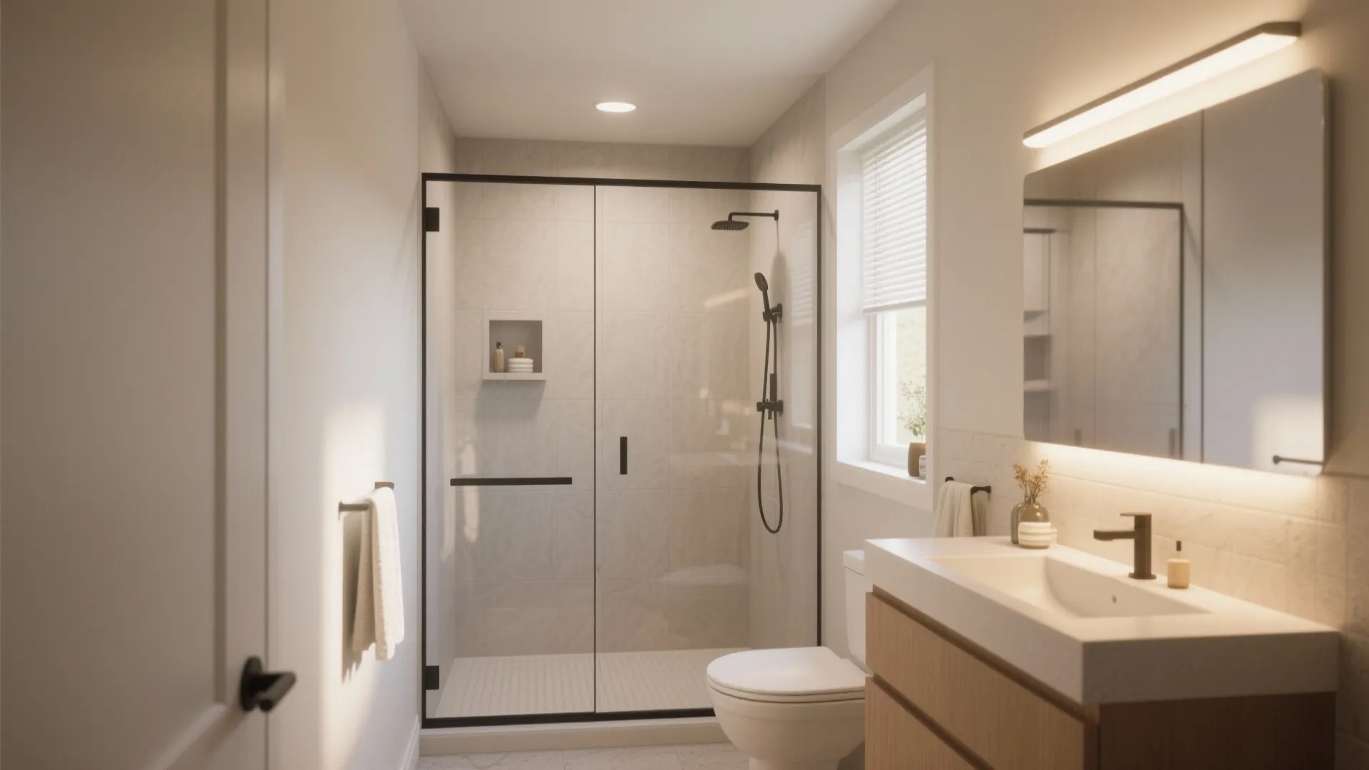 Interior design drawing of a bathroom with glass shower door wooden cabinet and white wall tiles