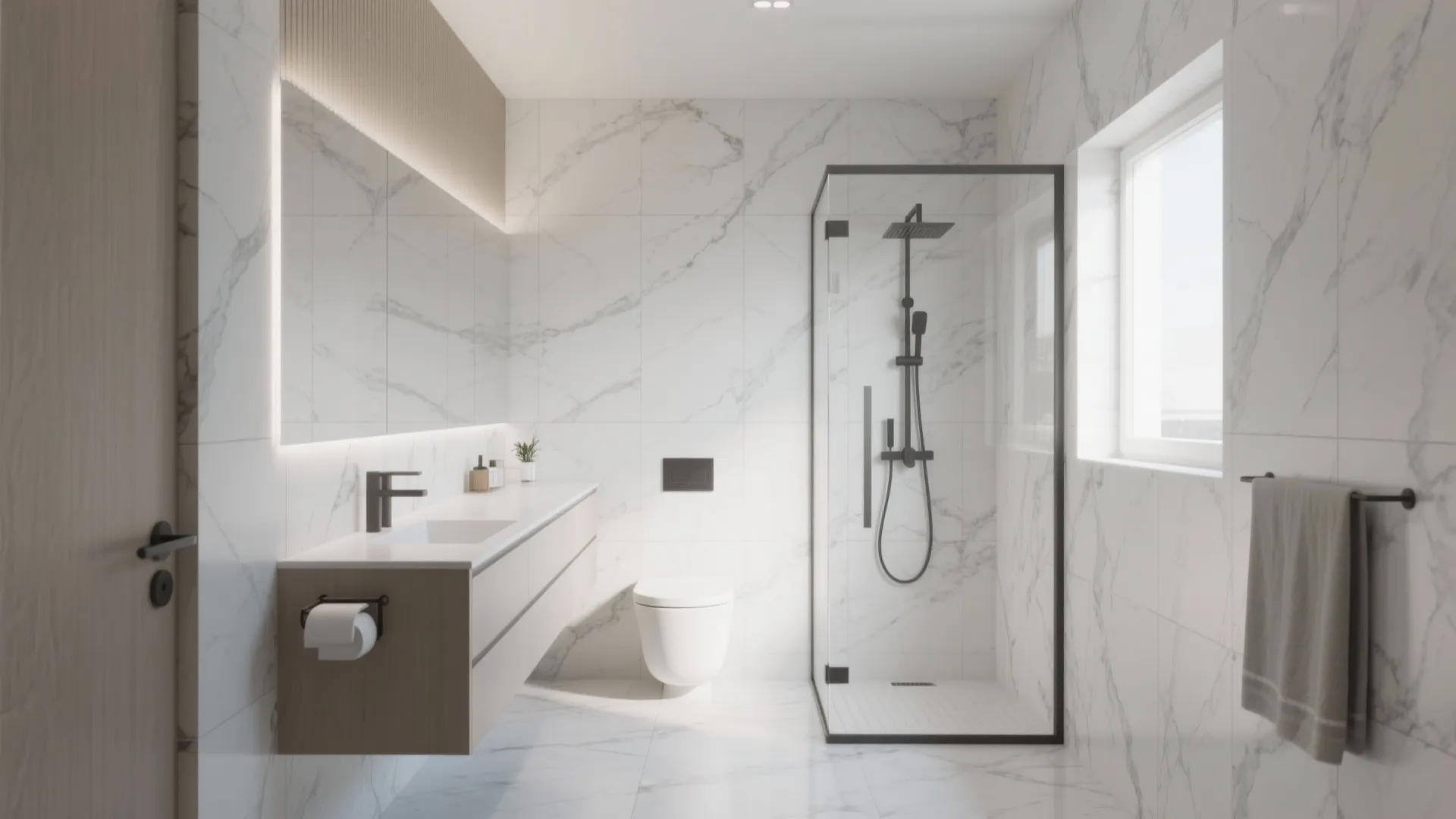 Bright bathroom with marble walls glass shower door long wood cabinet and large lit mirror