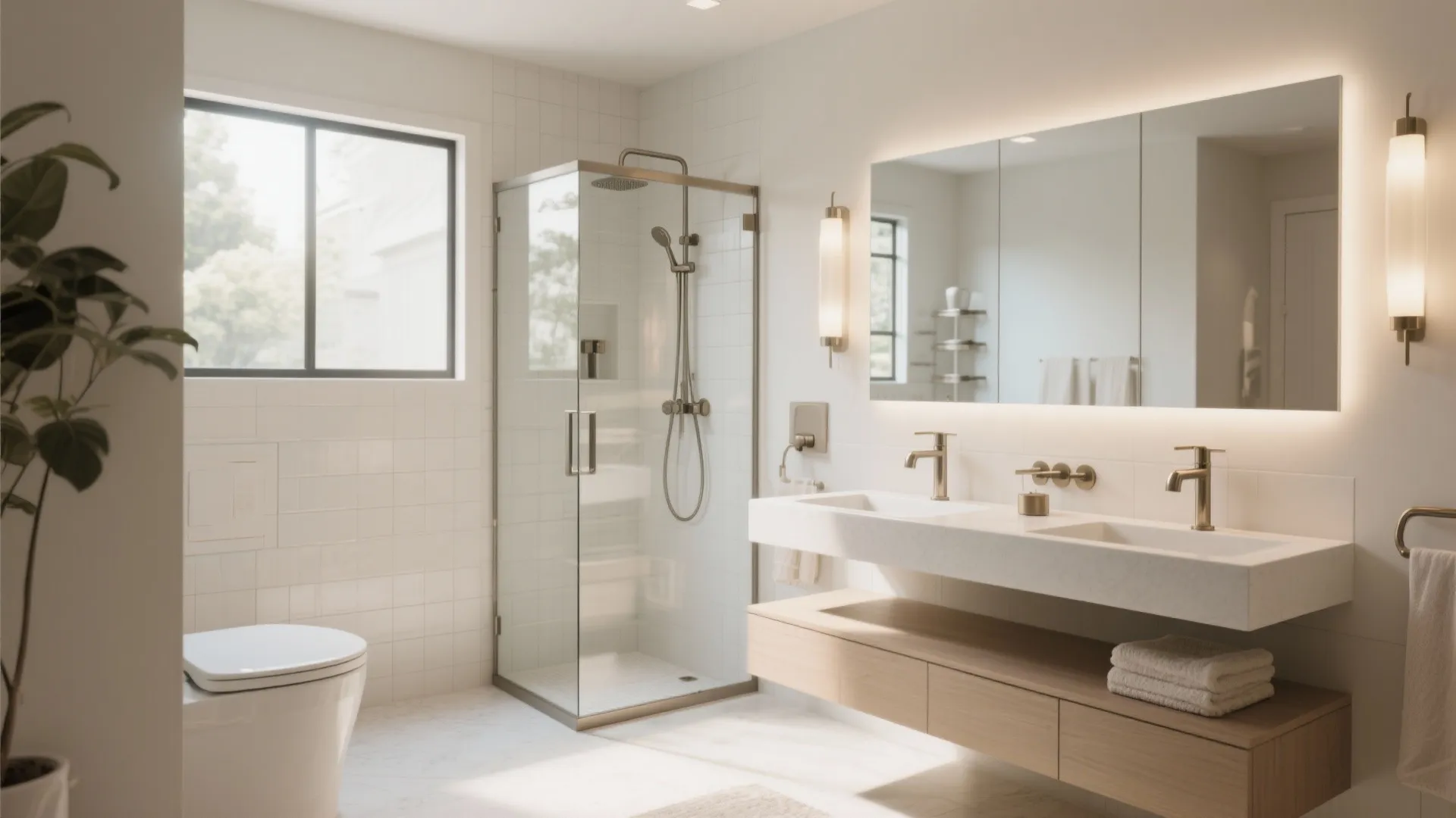 Bright bathroom interior design featuring glass shower area white walls wooden cabinet and large wall lights