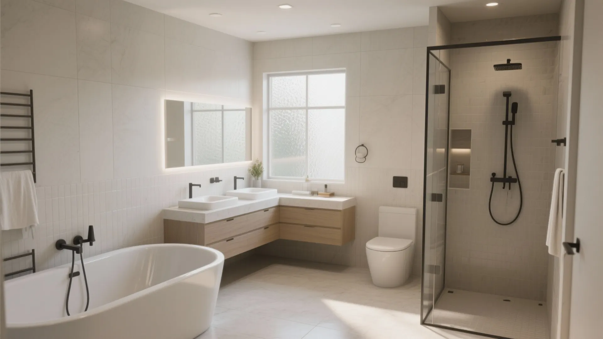 Modern bright bathroom with white bathtub double sinks wooden cabinet glass shower door and white toilet