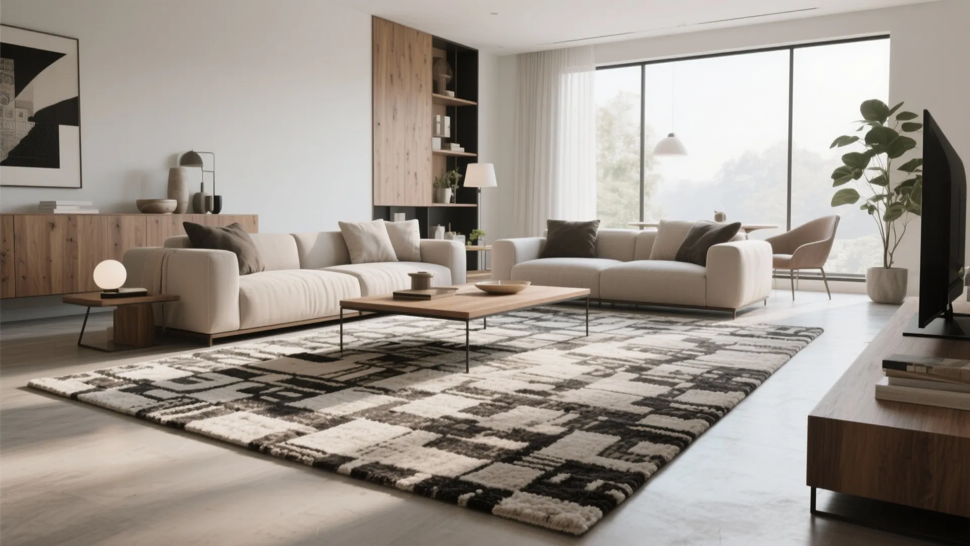 Modern bright living room featuring a large black and white geometric rug under a sofa