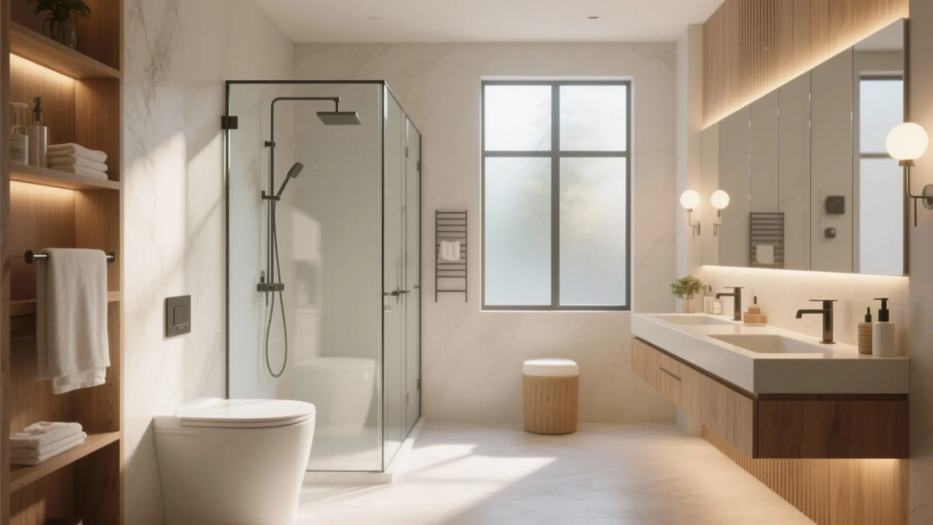 Spacious modern bathroom featuring glass shower box white toilet wood cabinet and large bright window