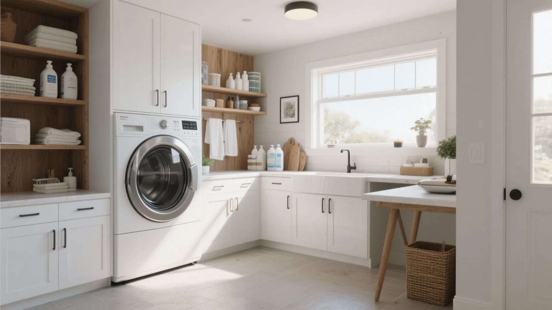 Bright laundry room with white cabinets washing machine wood shelves a large window and natural light