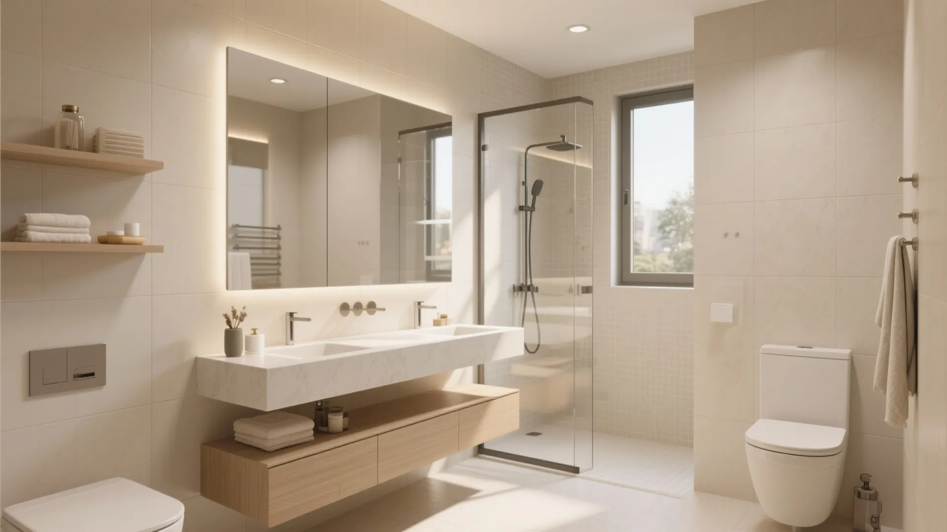 Modern bathroom interior design with double sink vanity large mirror glass shower and white toilet
