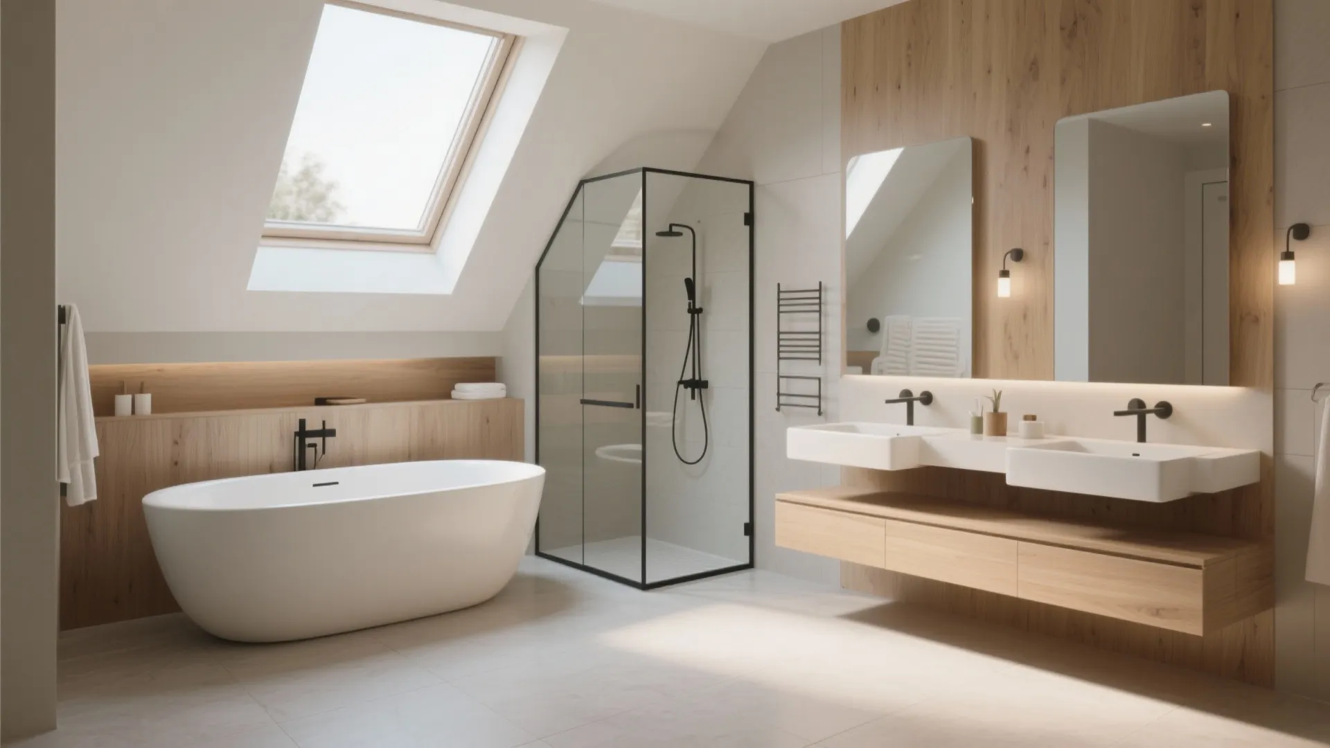 Spacious bathroom with white bathtub glass shower unit double sinks wood wall panels and mirrors