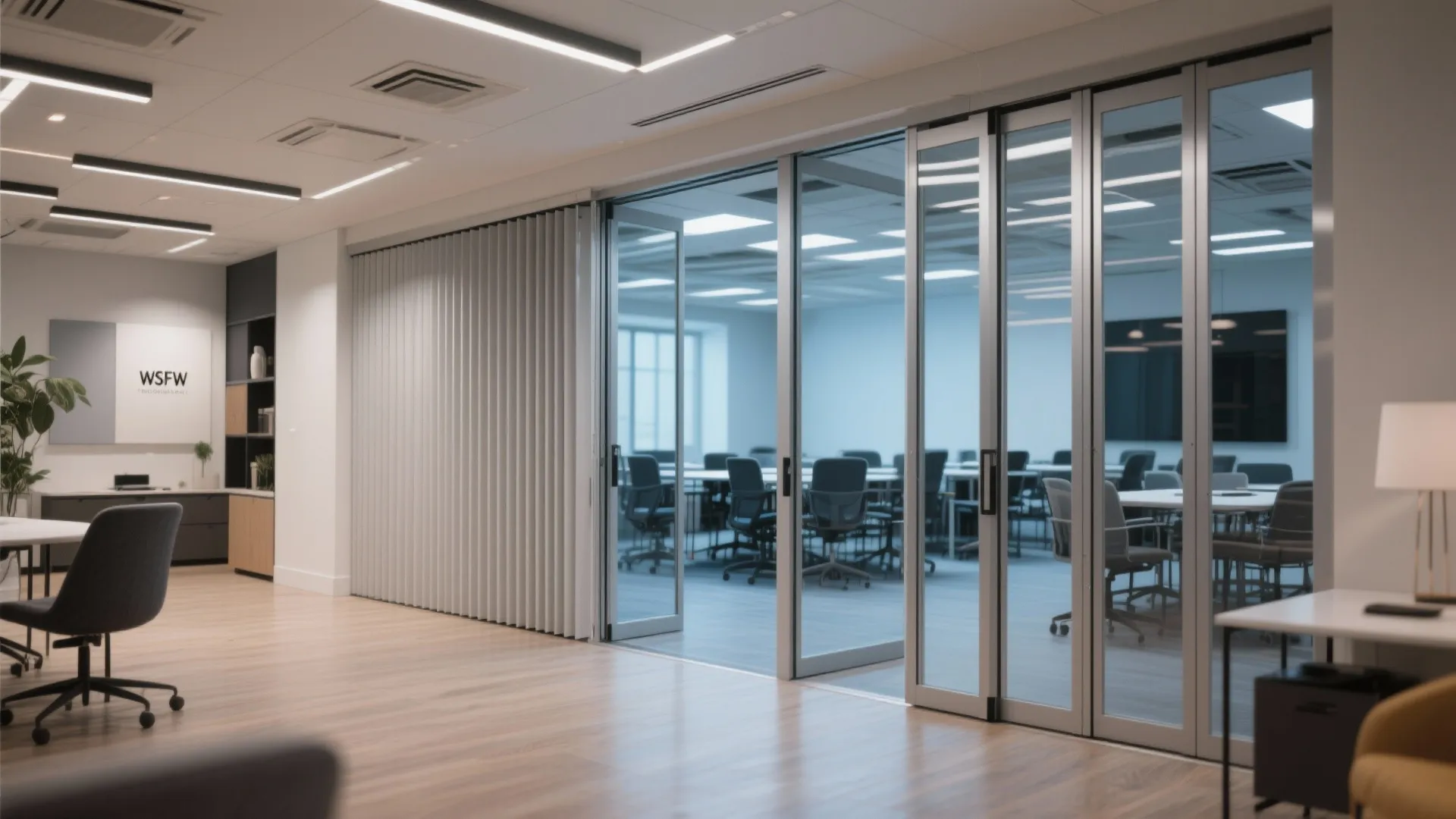 Modern office interior with glass folding doors separating a meeting room from the main workspace area