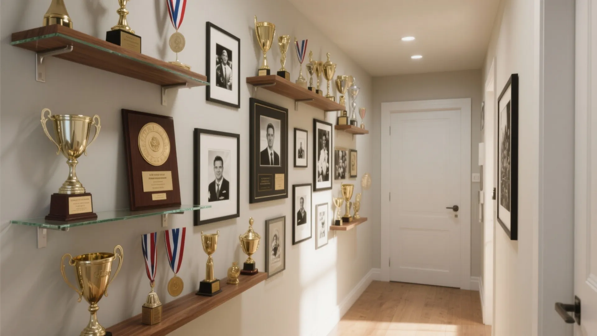 Hallway wall with wooden shelves holding gold trophies and many black and white framed photos