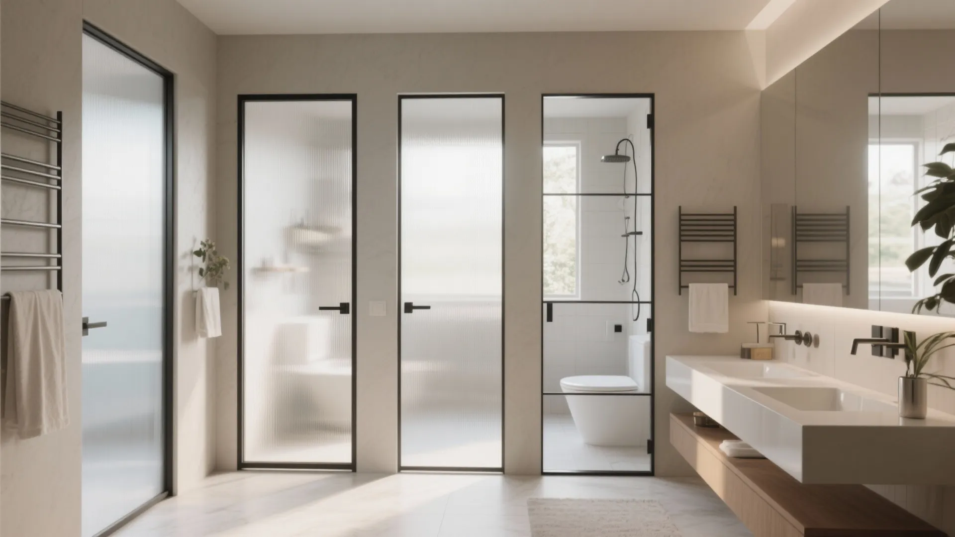 Spacious bathroom with three frosted glass doors double sink vanity white toilet and wall lights