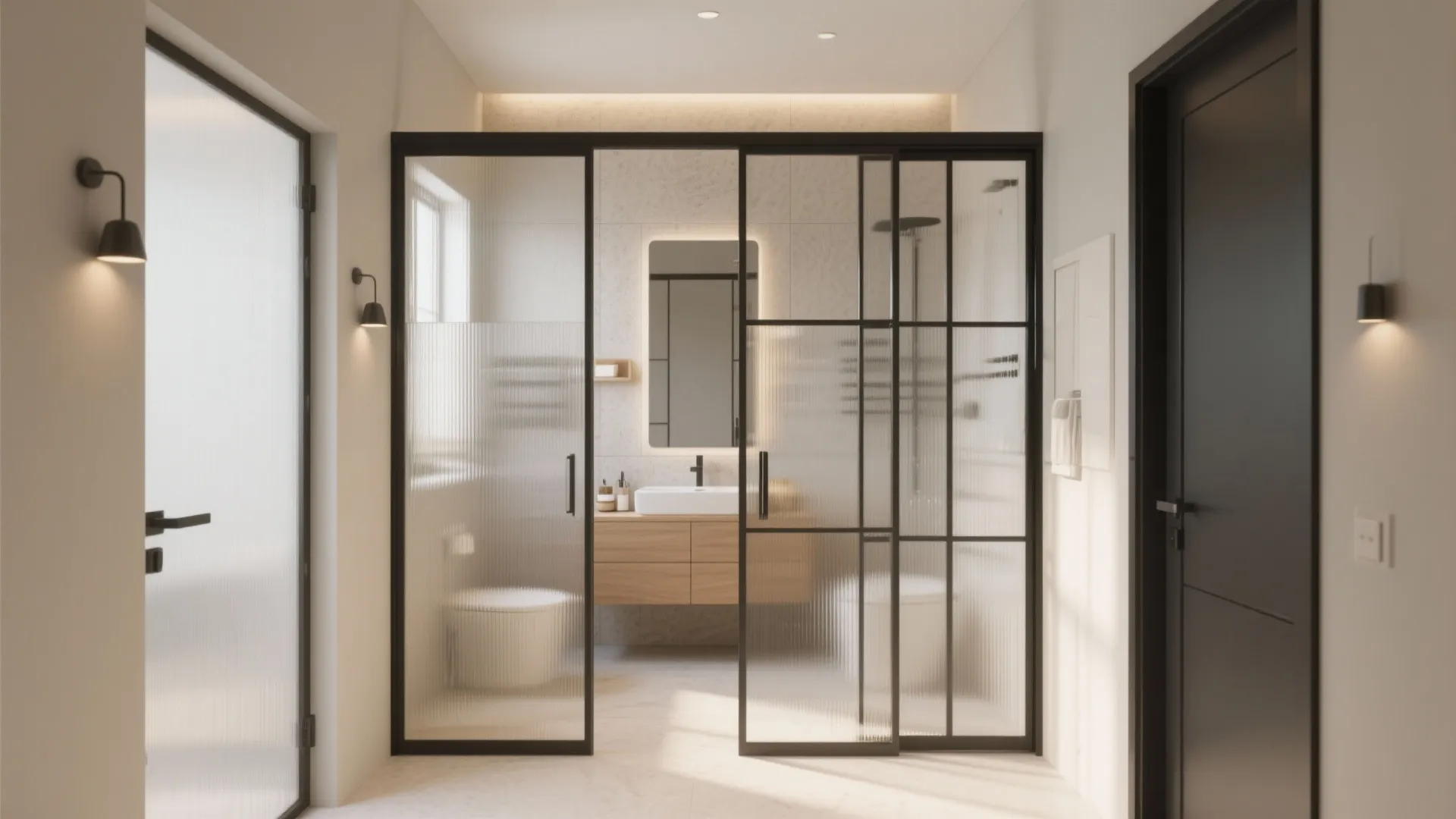 Modern bathroom with black frame glass doors white walls wood cabinet and small wall lights