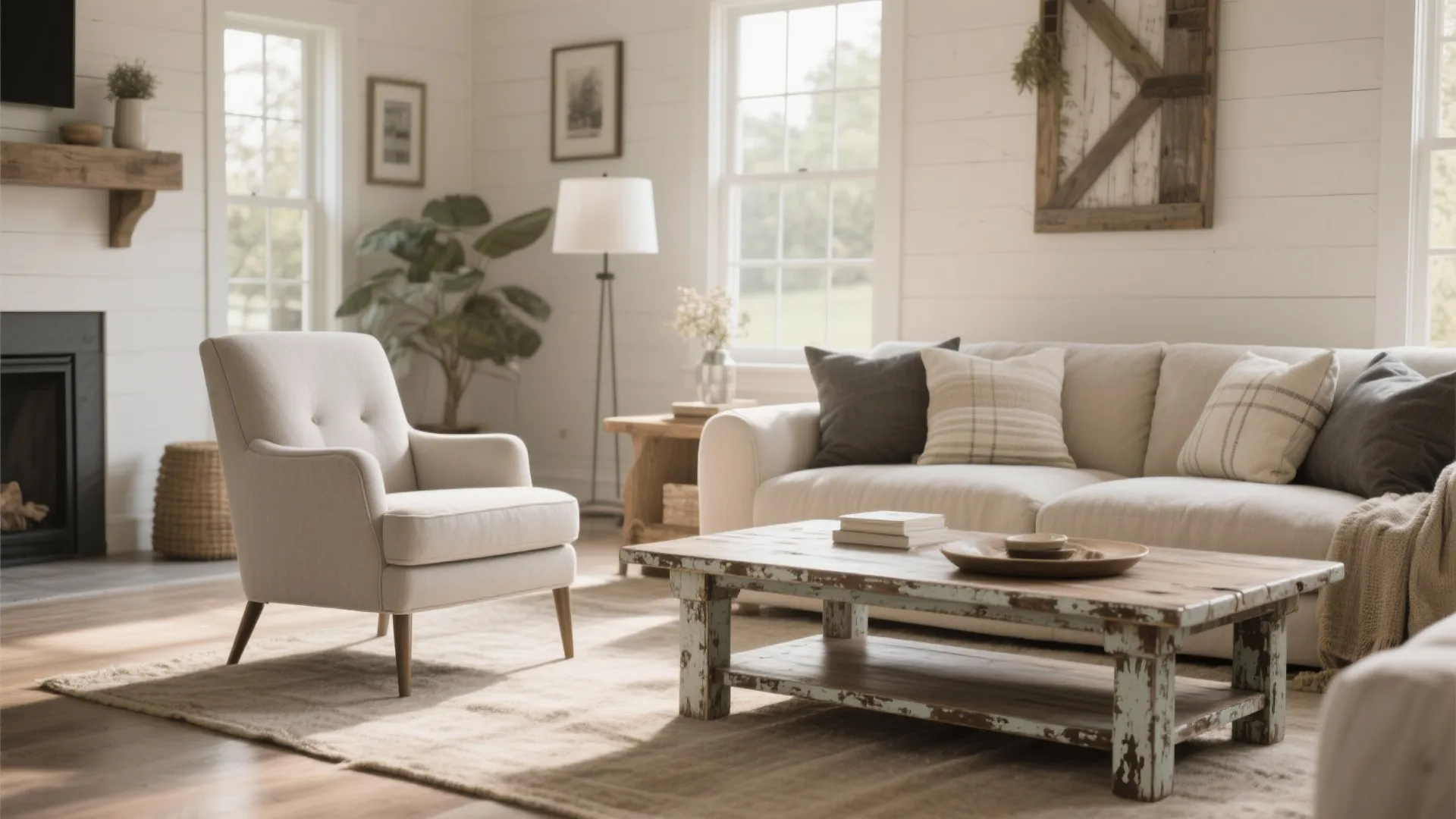Modern farmhouse living room featuring a cream armchair wooden coffee table and soft neutral sofa