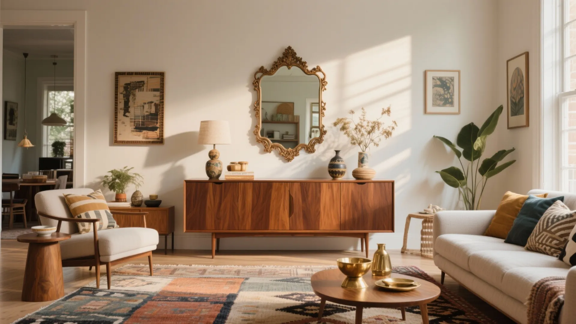 Living room mixing modern walnut credenza with vintage mirror