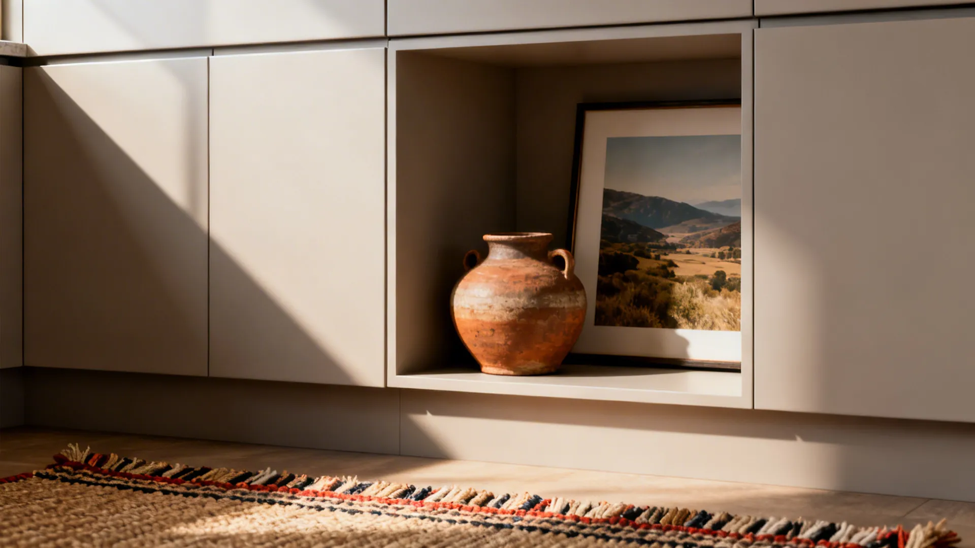 Sleek kitchen details paired with handwoven rugs and local pottery showing a mix of modern and artisanal elements.