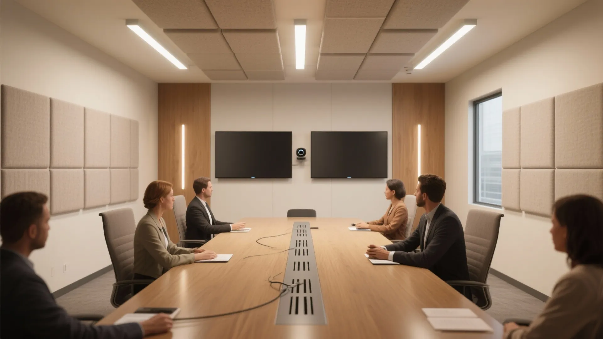 Modern conference room with business people sitting at long table with dual wall display screens