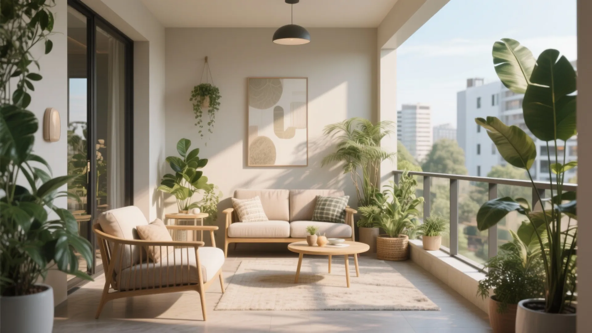 Modern balcony featuring cream walls, wooden sofa, small table, green plants, rug and black light