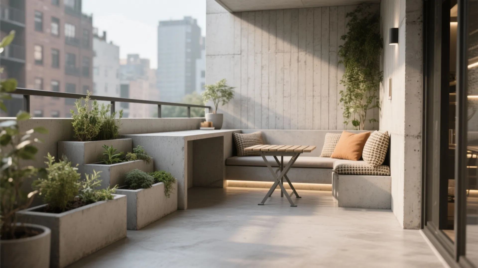 Modern balcony featuring a concrete sofa, small wooden table, built-in planters, and city building view