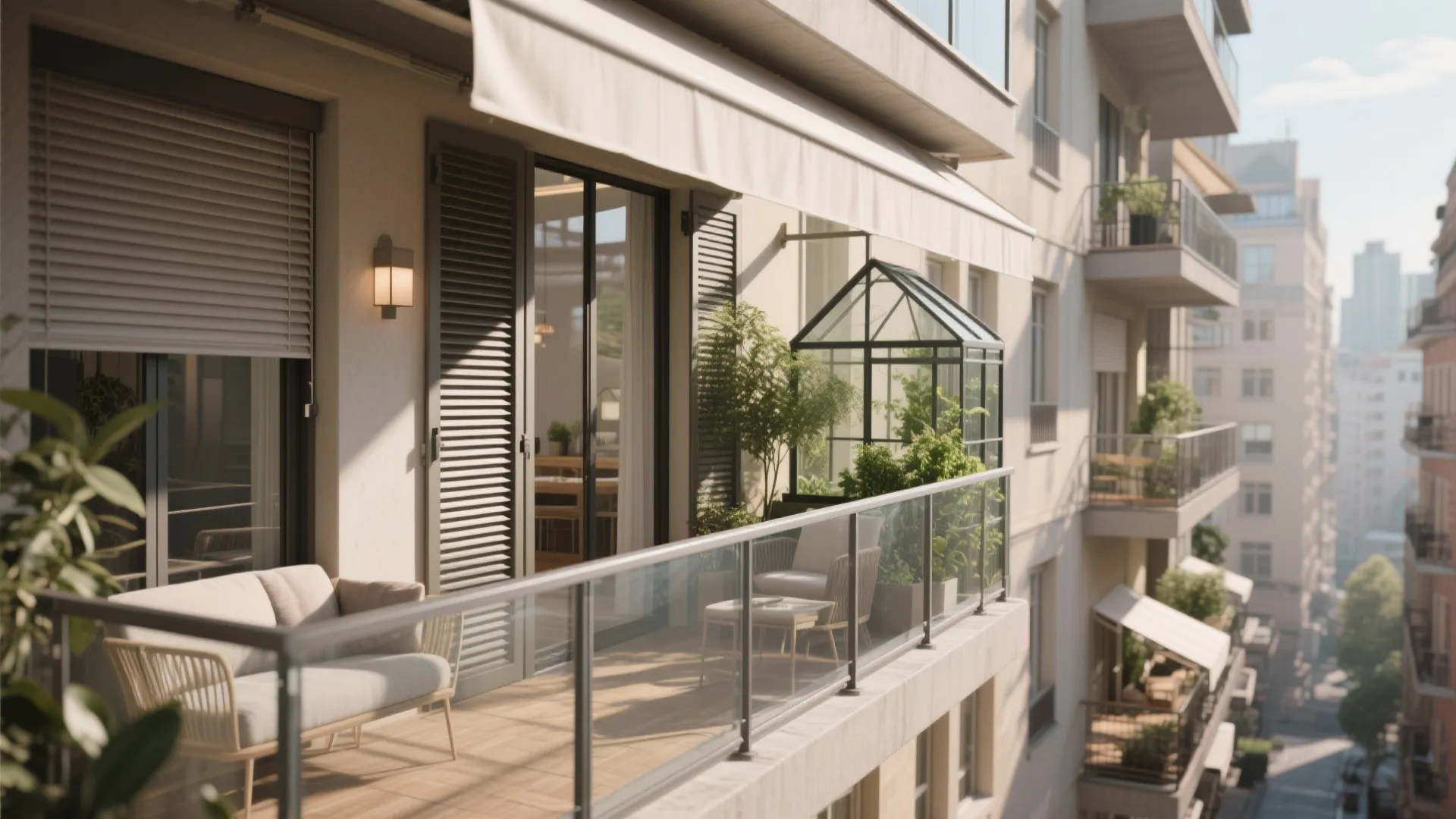 Modern balcony with glass railing white sofa small greenhouse and white awning overlooking city buildings