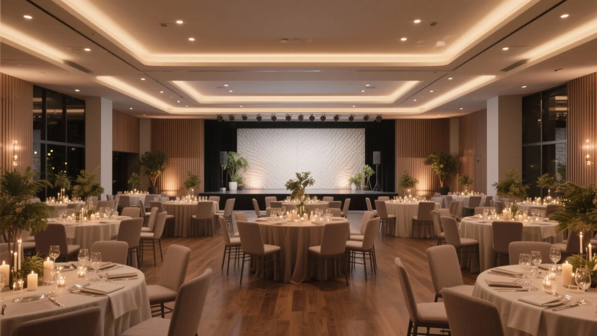 Modern banquet hall with round tables chairs warm ceiling lights wood floor and a stage