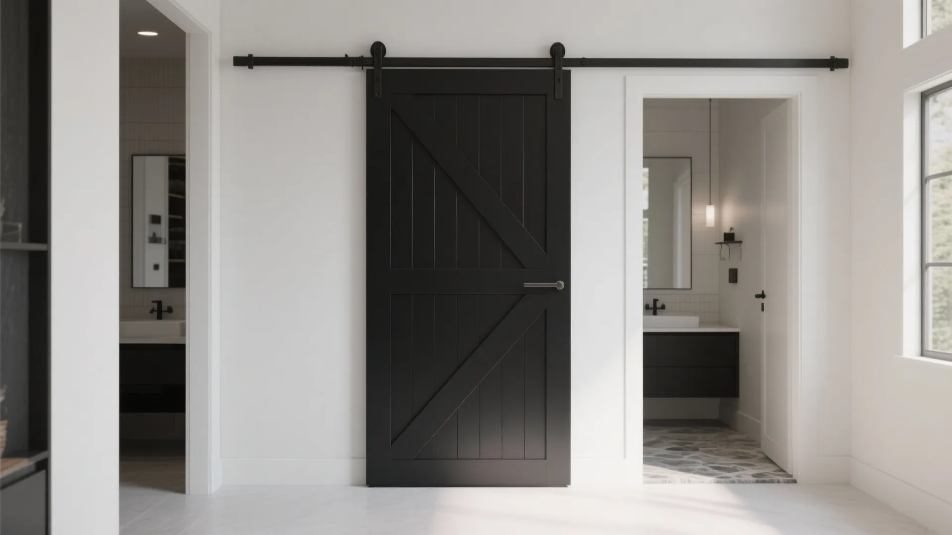 Black sliding barn door in white hallway with view into modern bathroom and tiled floor