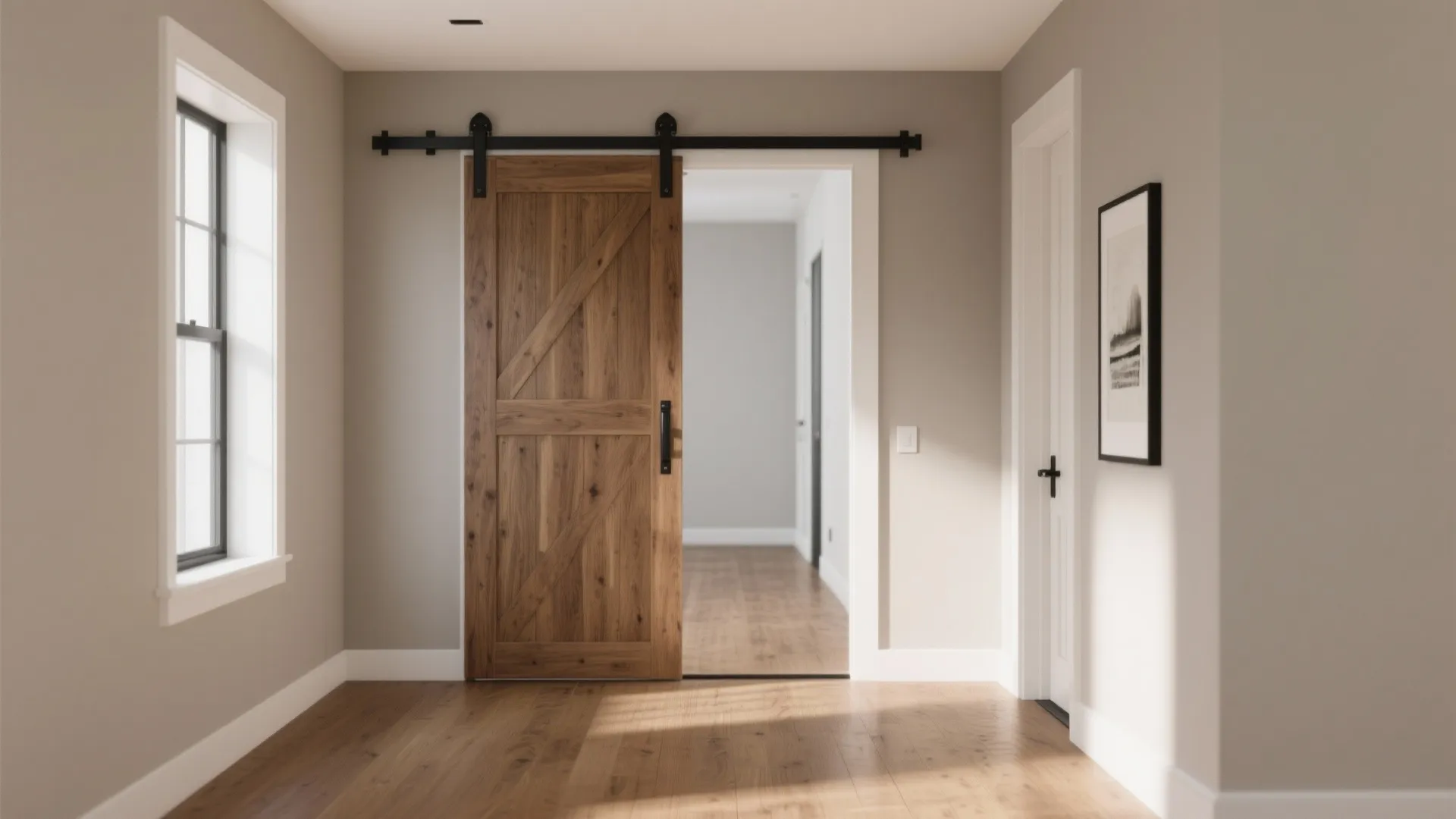 Modern hallway with rustic wooden sliding barn door black track white walls and wood floor