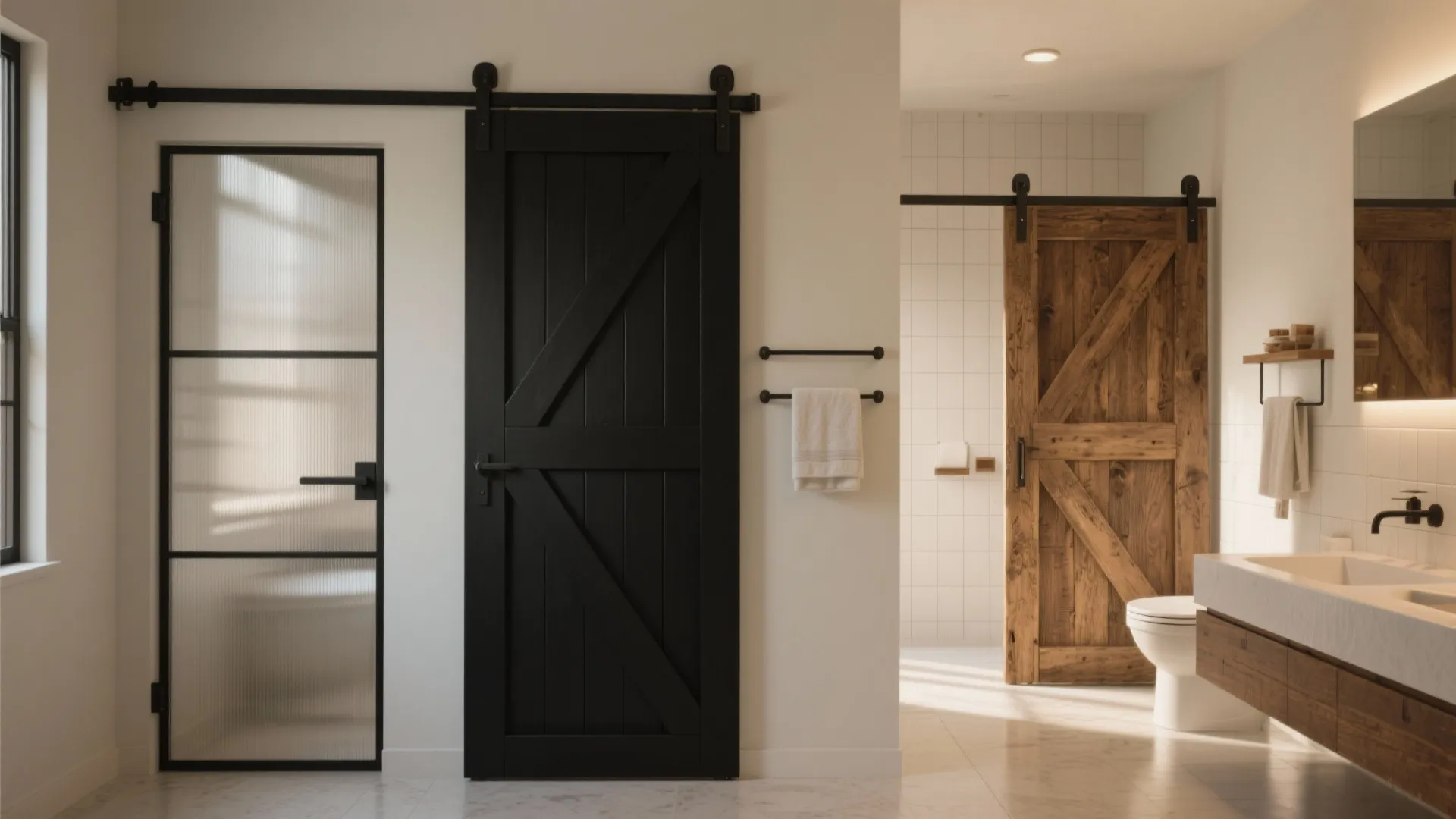 Modern bathroom interior featuring black sliding door, glass door, wooden vanity, and white tiled walls