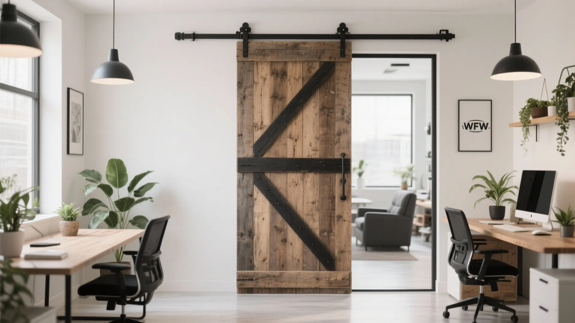 Modern office interior with wooden sliding barn door between two work desks and black lights