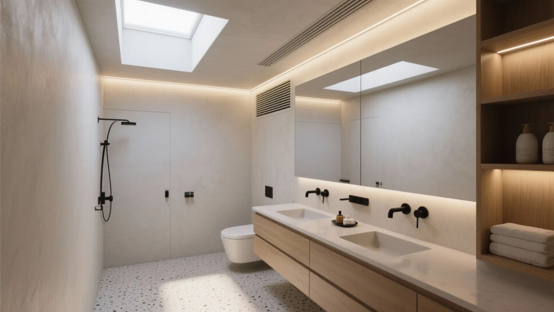 Bright bathroom interior with roof window and long wood cabinet under a large wall mirror
