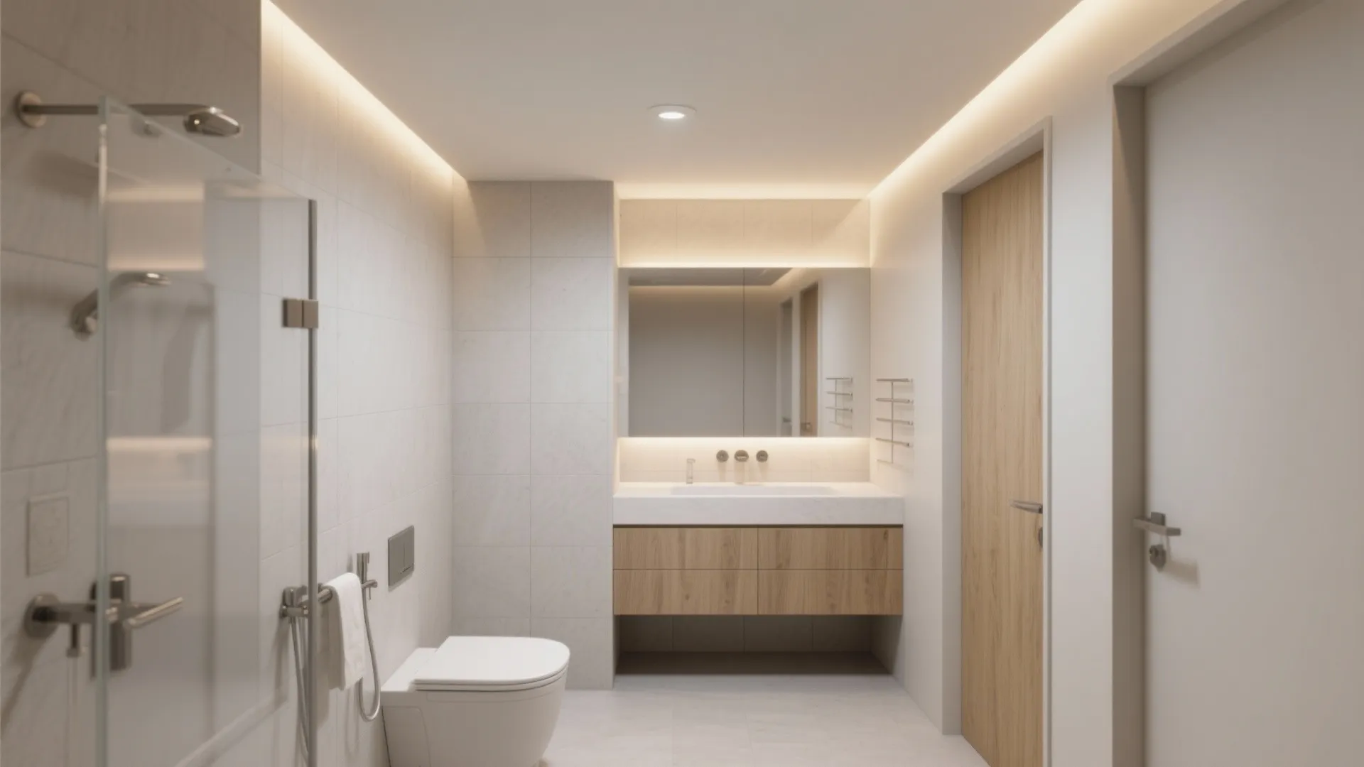 Modern bathroom with white walls wood cabinet floating toilet bright ceiling lights and large mirror