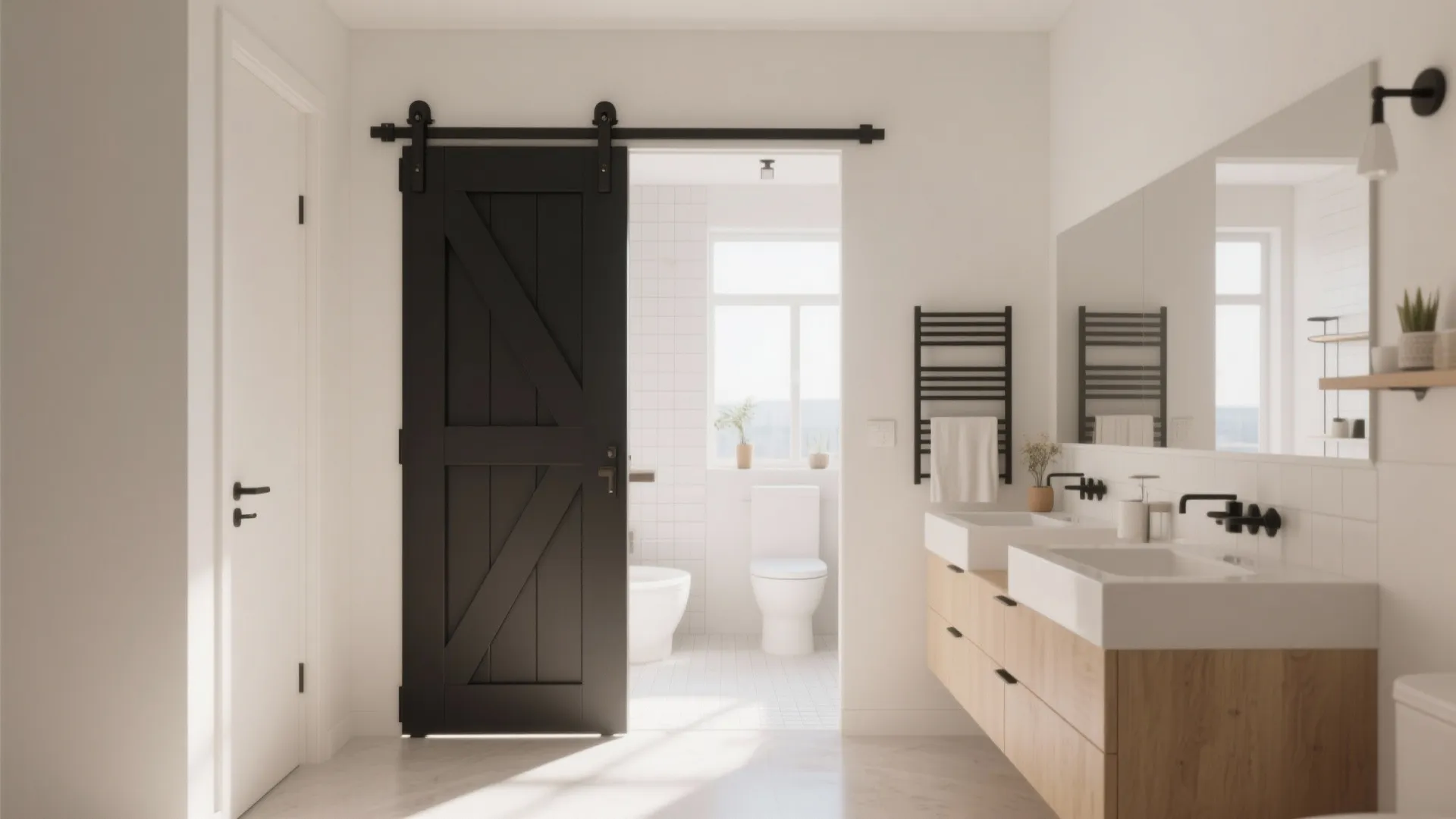 Black sliding door opening to modern bathroom with double sinks wooden cabinets and white walls