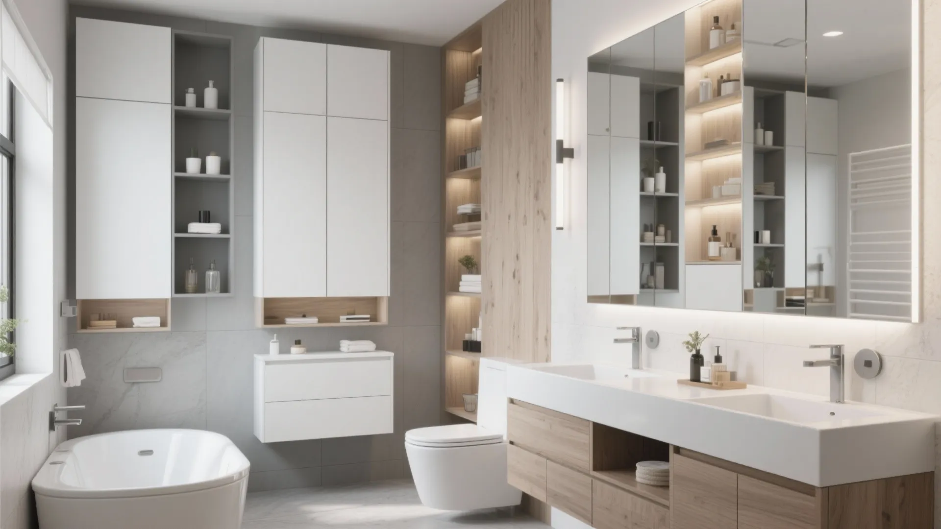 Modern bathroom with white wall cabinets wooden double sink vanity bathtub and large mirror panels