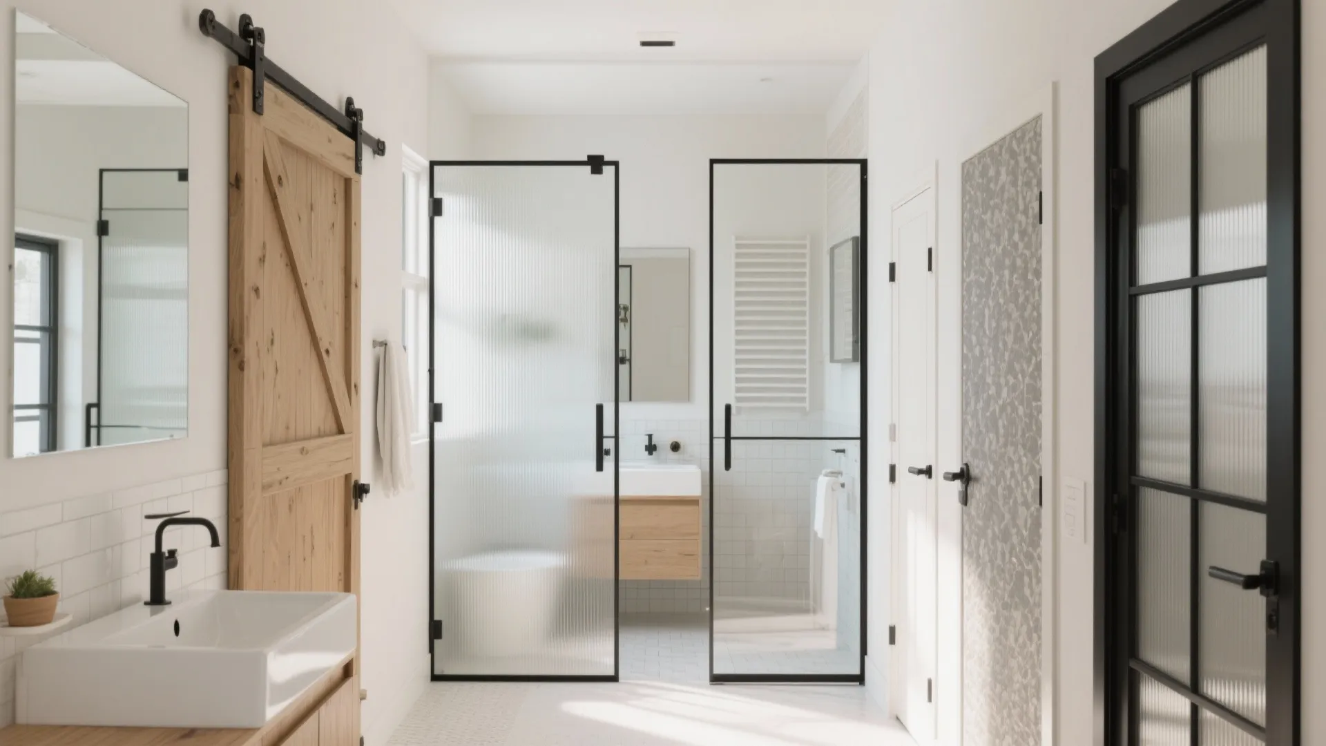 Modern white bathroom featuring wooden sliding door black framed glass shower white sink and light
