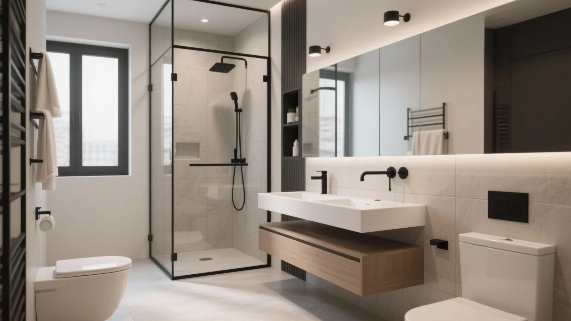 Contemporary bathroom with glass shower door wood cabinet white sink wall light and white toilet