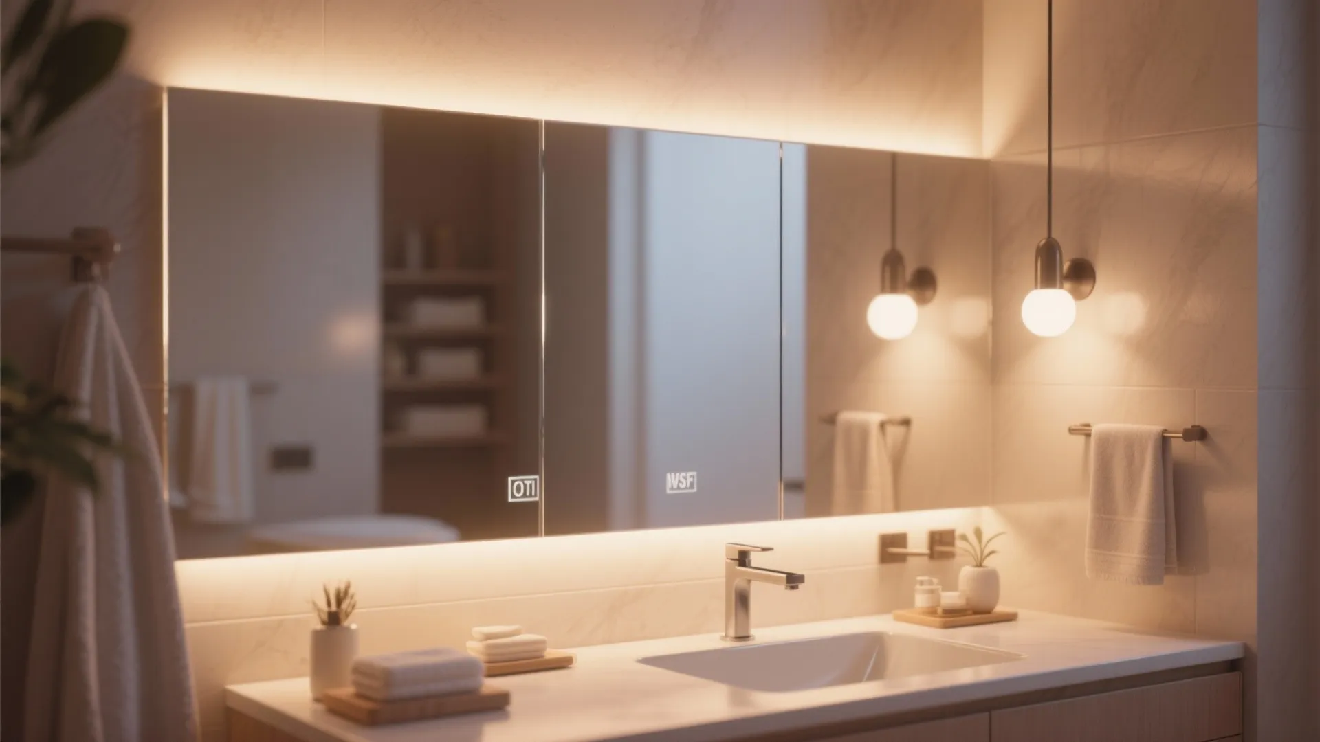 Long bathroom mirror with glowing backlights, white sink, two hanging ball lights, and neatly folded towels