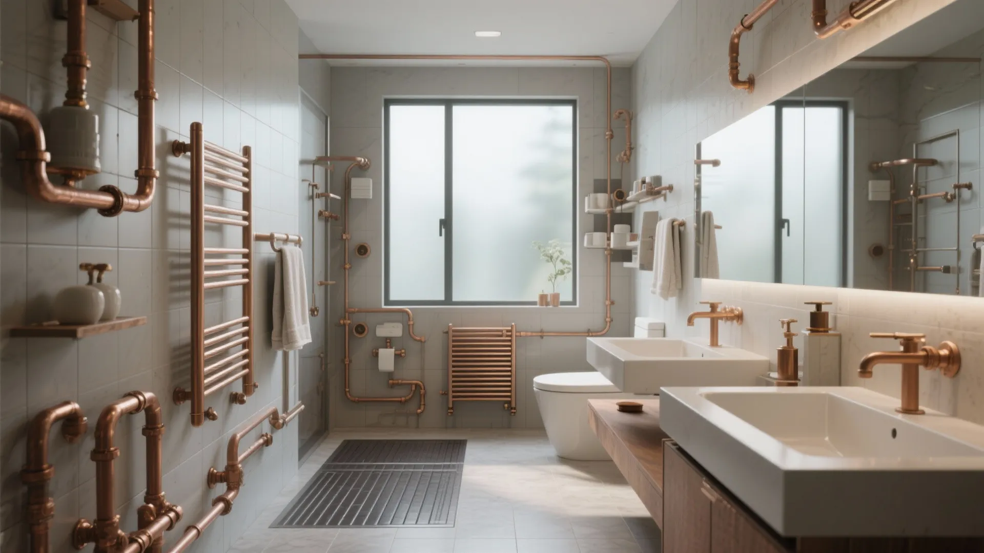 Modern bright bathroom featuring white tiles and exposed copper pipes on the walls and floor