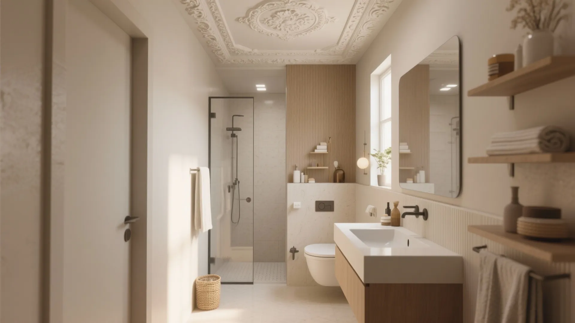 Bright bathroom with decorative white ceiling pattern wooden wall panel glass shower and white wash basin