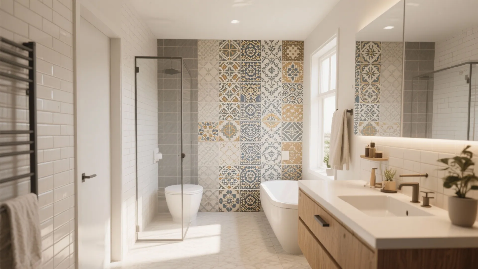 Modern bathroom with colorful patterned wall tiles, white bathtub, wooden vanity, toilet, and glass shower.
