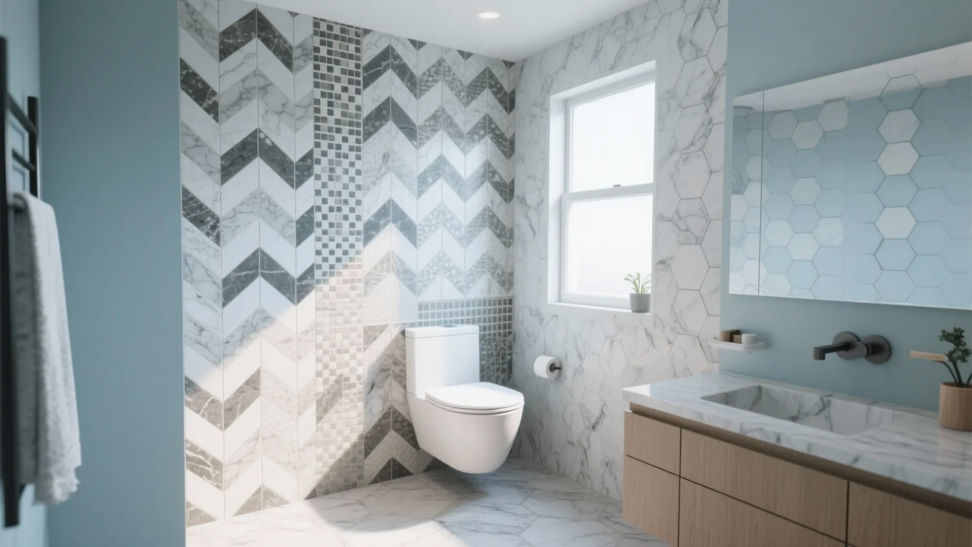 Bathroom with chevron marble wall tiles blue walls white toilet and a natural wood cabinet