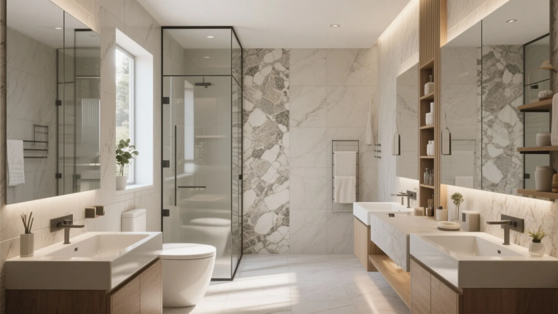 Modern spacious bathroom with double sinks wooden cabinet glass shower door marble walls and bright lighting