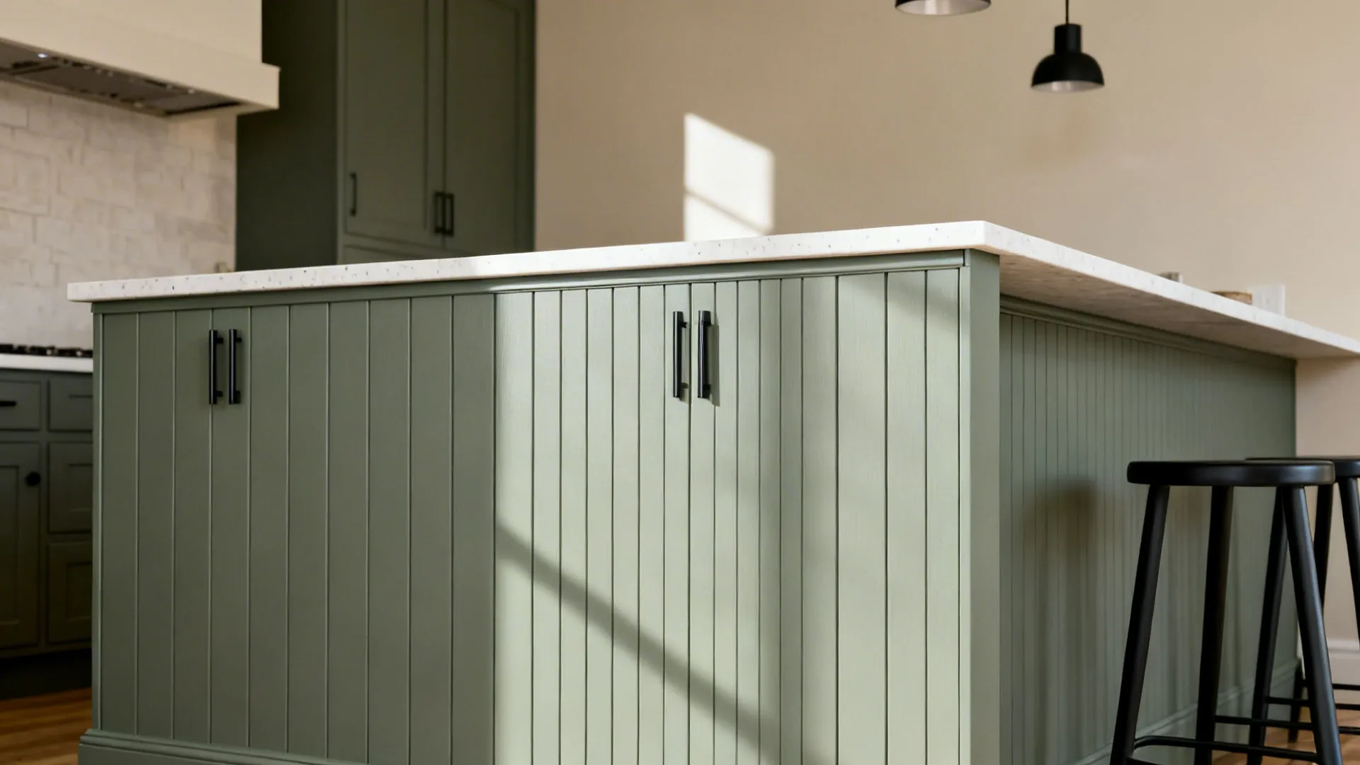 Gray-green beadboard island back adds cozy charm with modern details and quartz top.