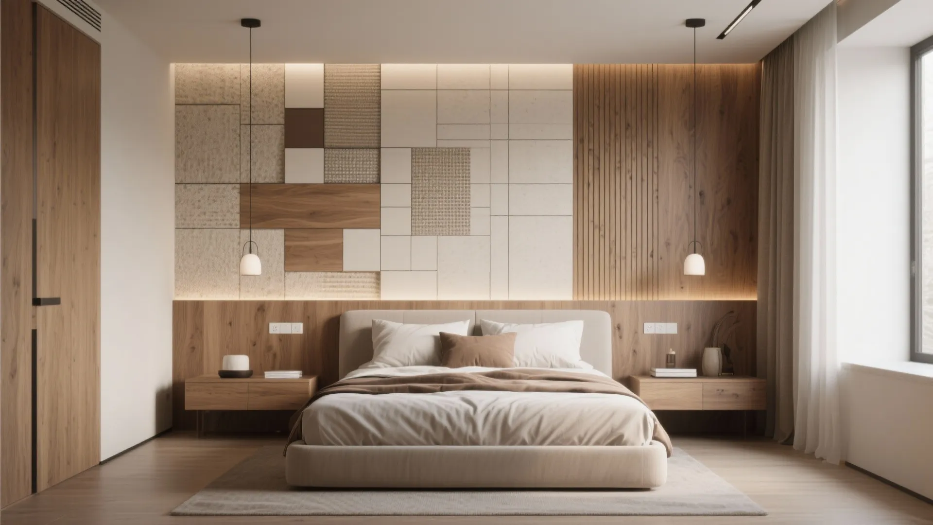 Modern bedroom with artistic wall panel design wood accents hanging lights and a large bed