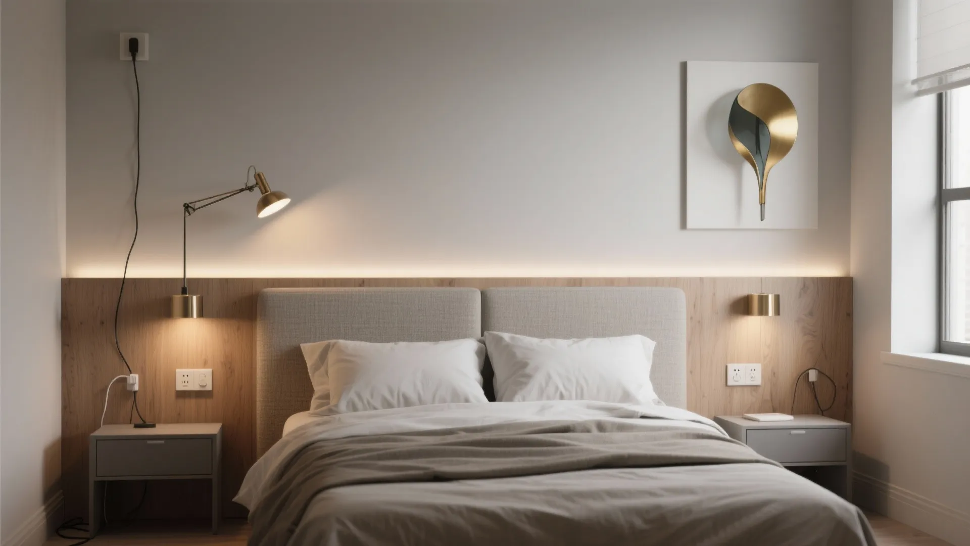 Minimalist bedroom featuring a wood wall panel with integrated lighting and gold colored wall light