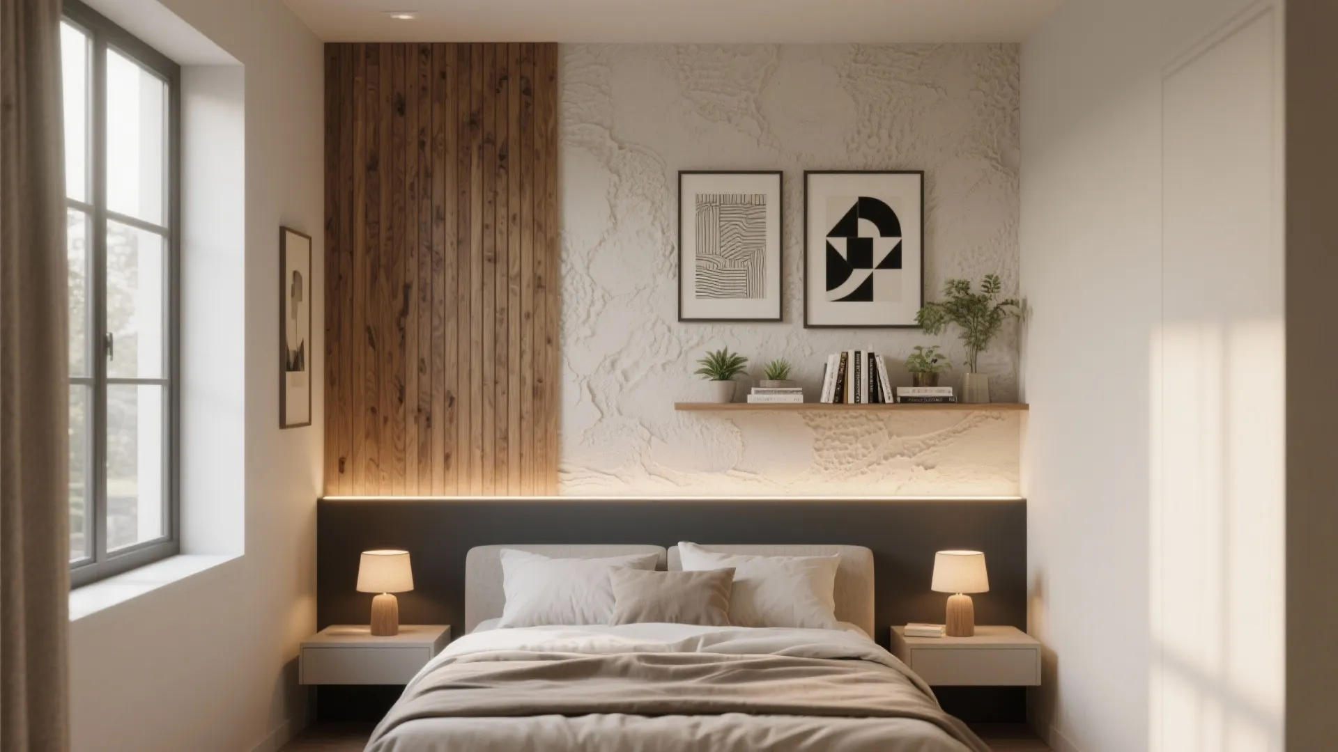 Cozy bedroom with textured wall panel, wooden details, small bedside table lamps, and framed wall art