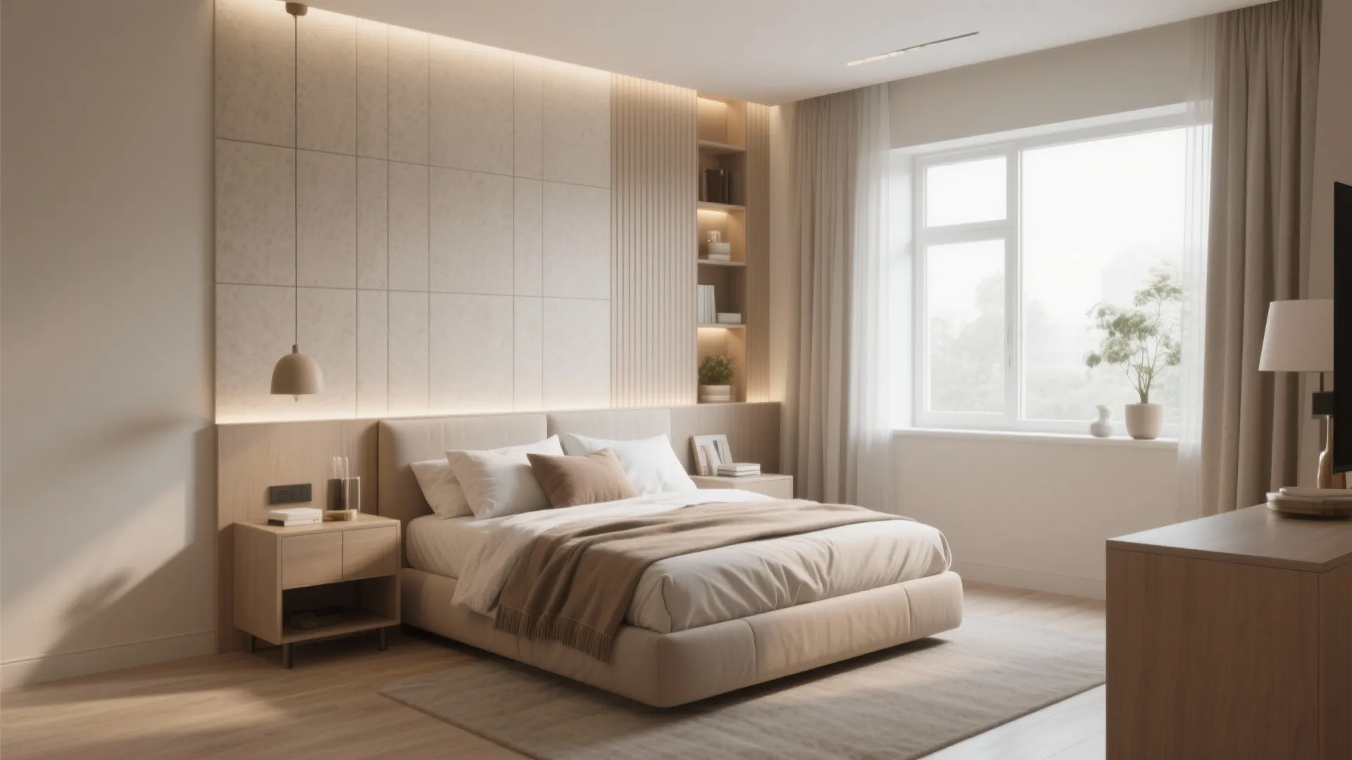Modern bedroom with a large bed wooden nightstand textured wall paneling and a bright window