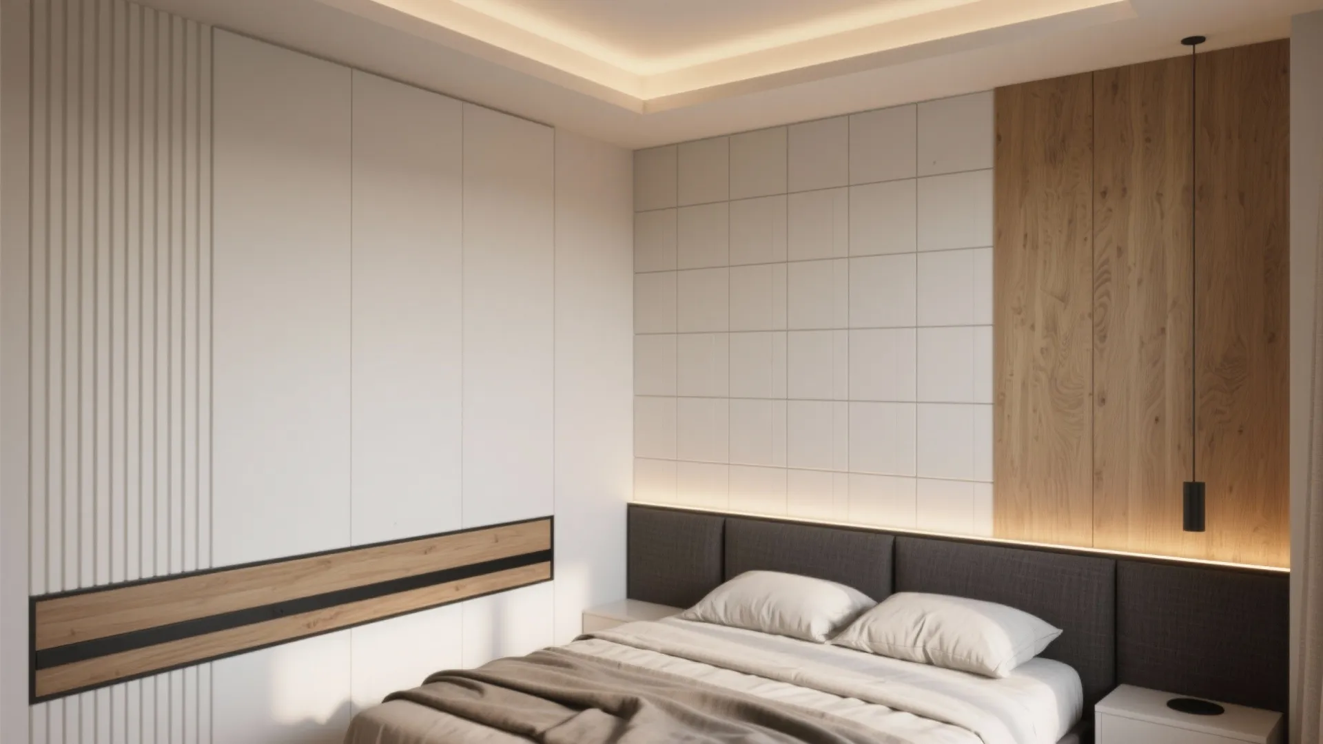 Modern bedroom featuring white wall panel design with wood accents and a comfortable grey bed