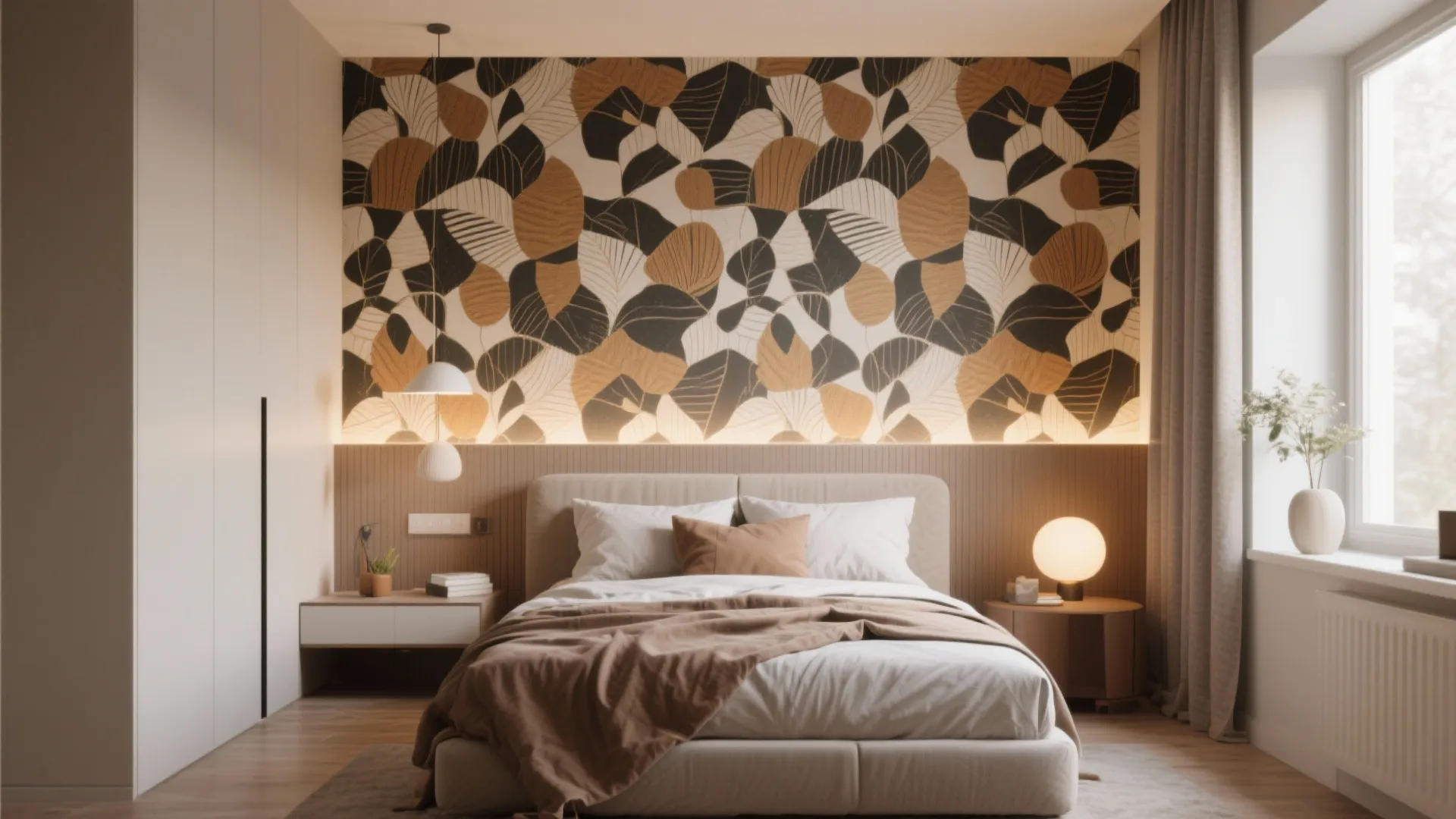 Warm bedroom with leaf pattern wall panel white bed brown blanket and round table lamp